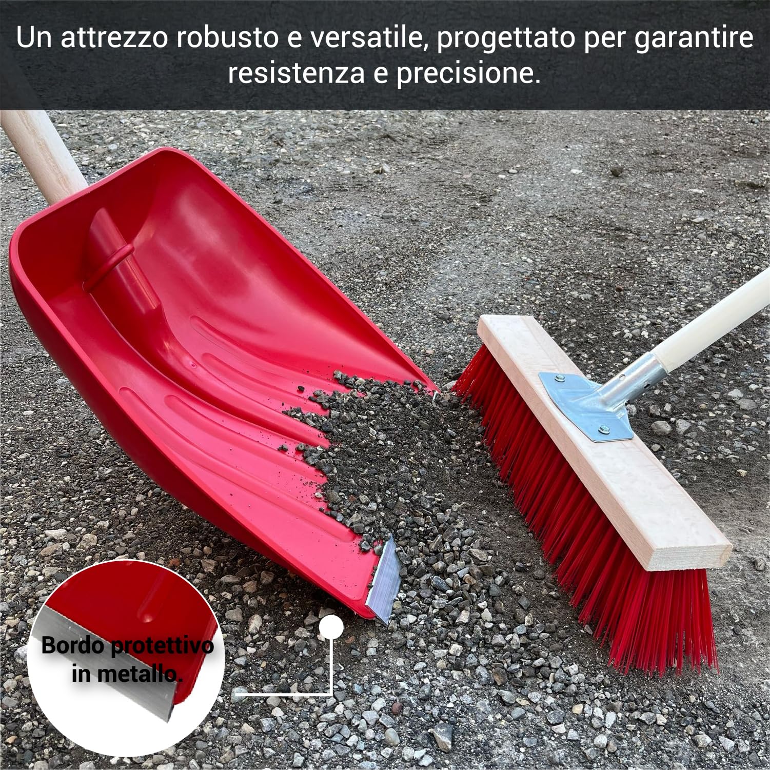 Crisalide® - Baie professionnelle en ABS, extrémités renforcées en aluminium anti-choc, 42 x 37 cm, poignée 135 cm, polyvalente pour usage agricole, jardinage et construction, pelle ergonomique