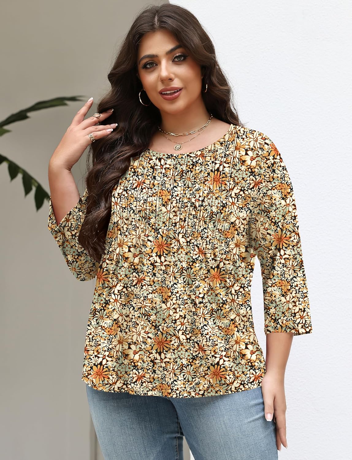 TFSDOD Womens Plus Size Tops 3/4 Length Sleeve Womens Tops Crewneck Pleated Boho Tunic Casual Shirts XL-5X - Image 4