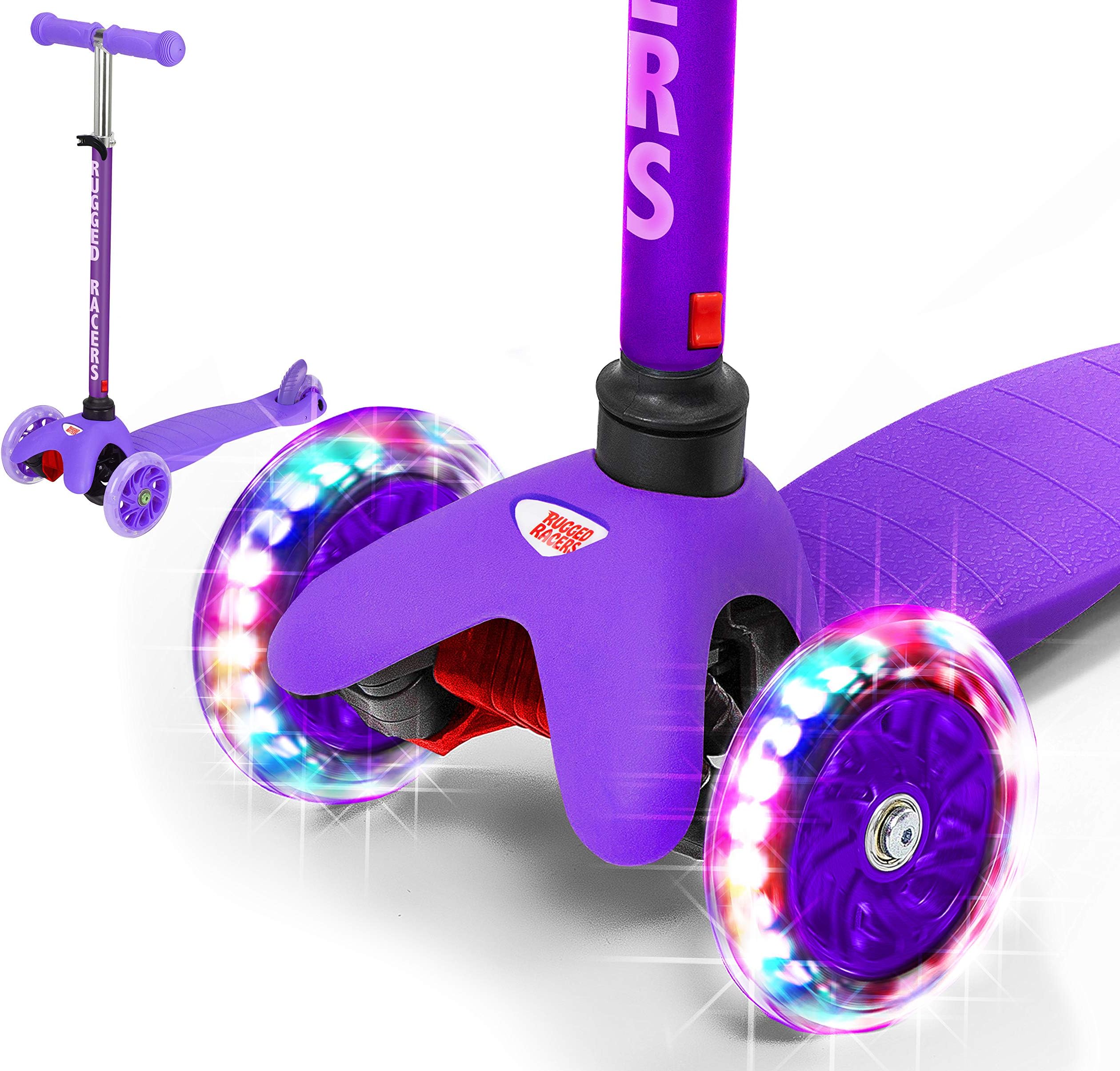 Rugged Racers Purple Kick Scooter for Boys & Girls 3 Wheel Scooter, Kick Scooter for Kids with LED Light PU Wheels, Step Brake, Lean 2 Turn, Ride on Toys for Children 3 Year Plus