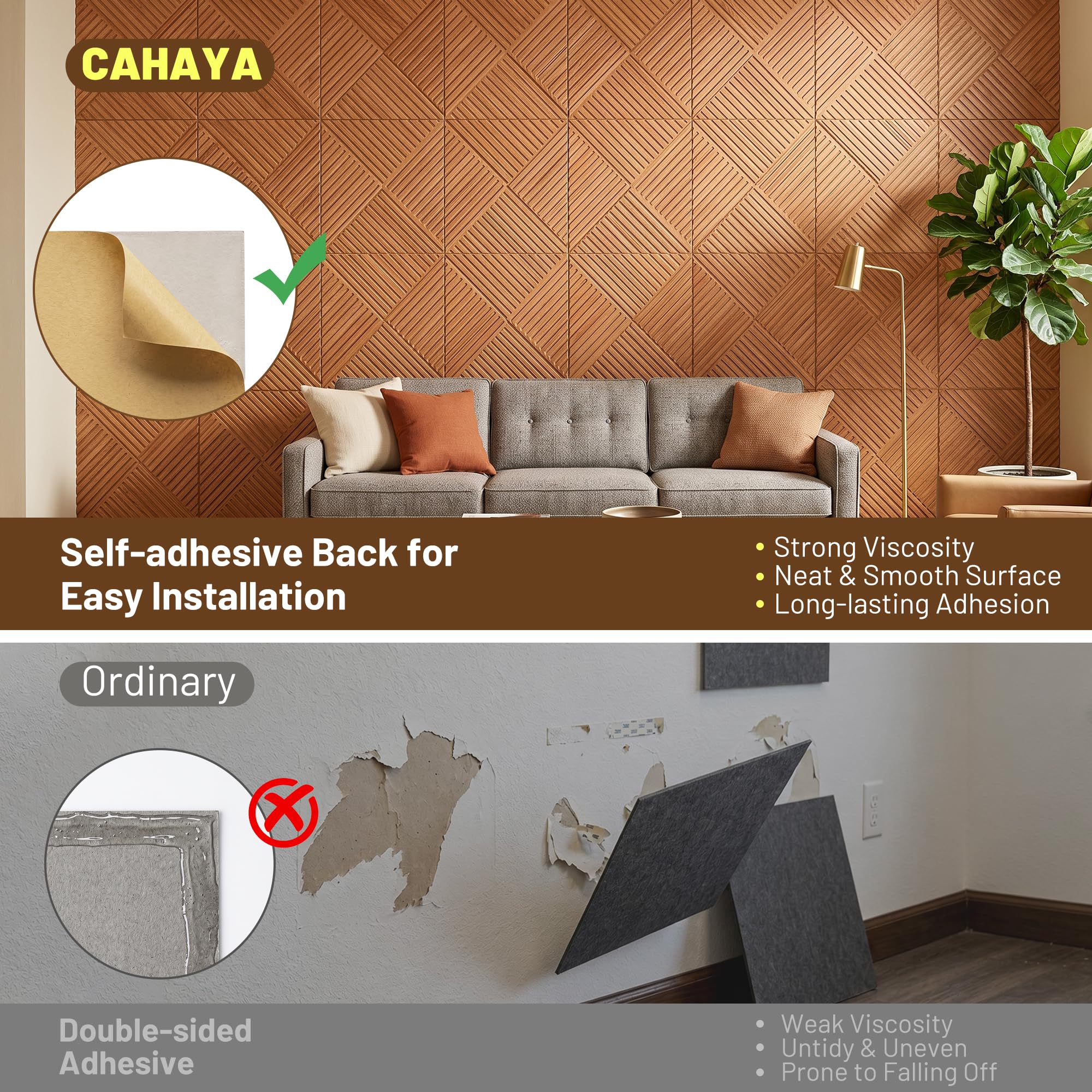 CAHAYA Pannelli acustici da parete effetto rovere, 6 pezzi, autoadesivi | Fibra di poliestere con scanalature a V 3D; decorazione effetto legno peel & stick per soggiorno, camera, studio