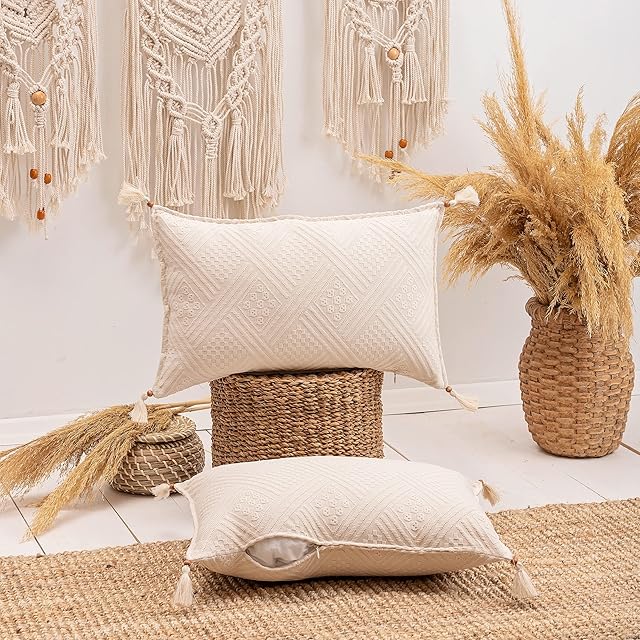 Milam London Cream Cushion Covers 30 x 50 cm | Pack of 2 Soft Decorative Pillow Covers | 100 % Cotton Boho Cushion Covers with a Jacquard Weave | Scatter Cushions 12x20 inch | Rectangle Cushion Covers