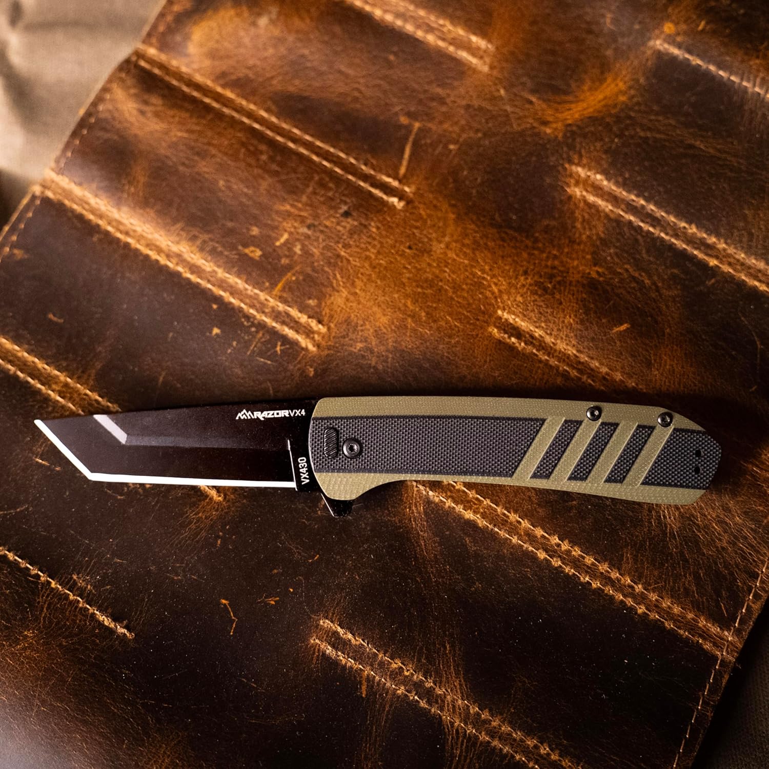 OUTDOOR EDGE Razor VX4 – 3" Replaceable Blade Folding Knife – Black Tanto Blade – Black G10 Over Green Handle – Reversible Clip – EDC, Outdoor & Survival