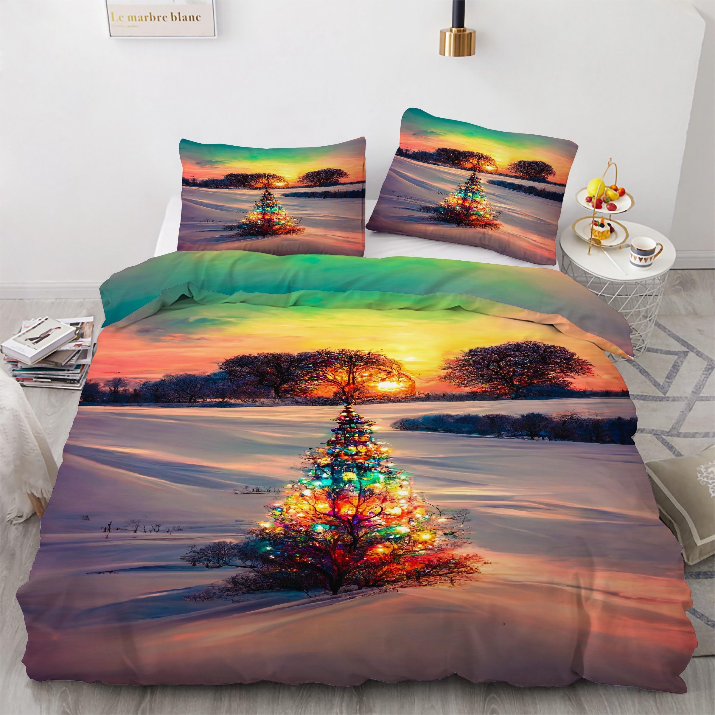 Housse de couette 200x200 chalet et parure de lit paysage d'hiver 3pcs