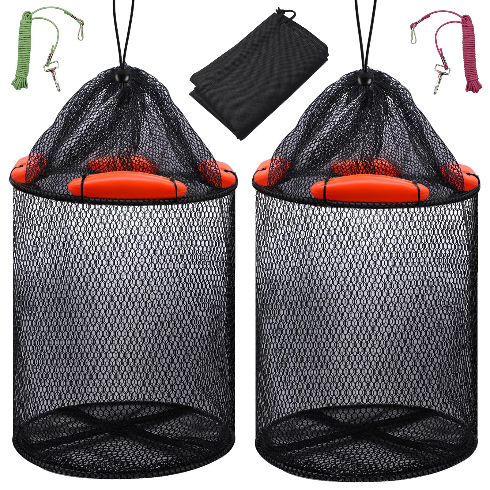 2PCS Floating Fish Basket Foldable Fishing Bucket Well with Storage Bag Collapsible Fishing Trap with Rubber-Coated Net String for Kayak Live Caught Fish (12.6 Inches D, 18.5 Inches H)
