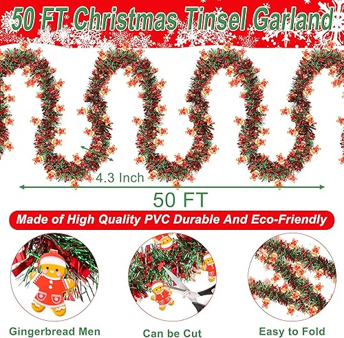 Miniatura 2 de Guirnalda de oropel de Navidad de 50 pies con adorno de hombre de jengibre, guirnalda de Navidad con giro metálico rojo verde brillante para árbol
