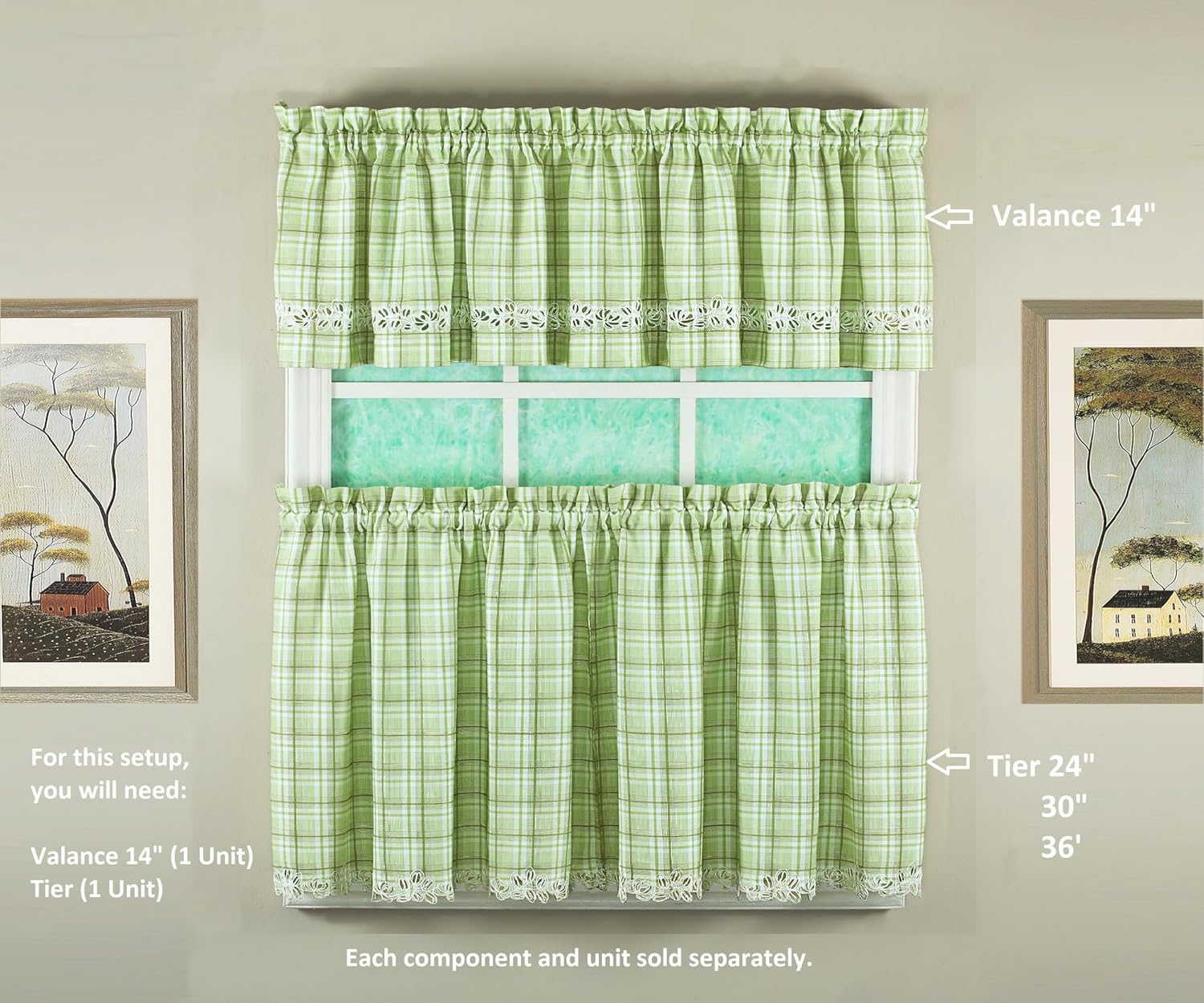 Today's Curtain, Dover Plaid Cutwork Embroidery Tier 24", Green, 60" W x 24" L,