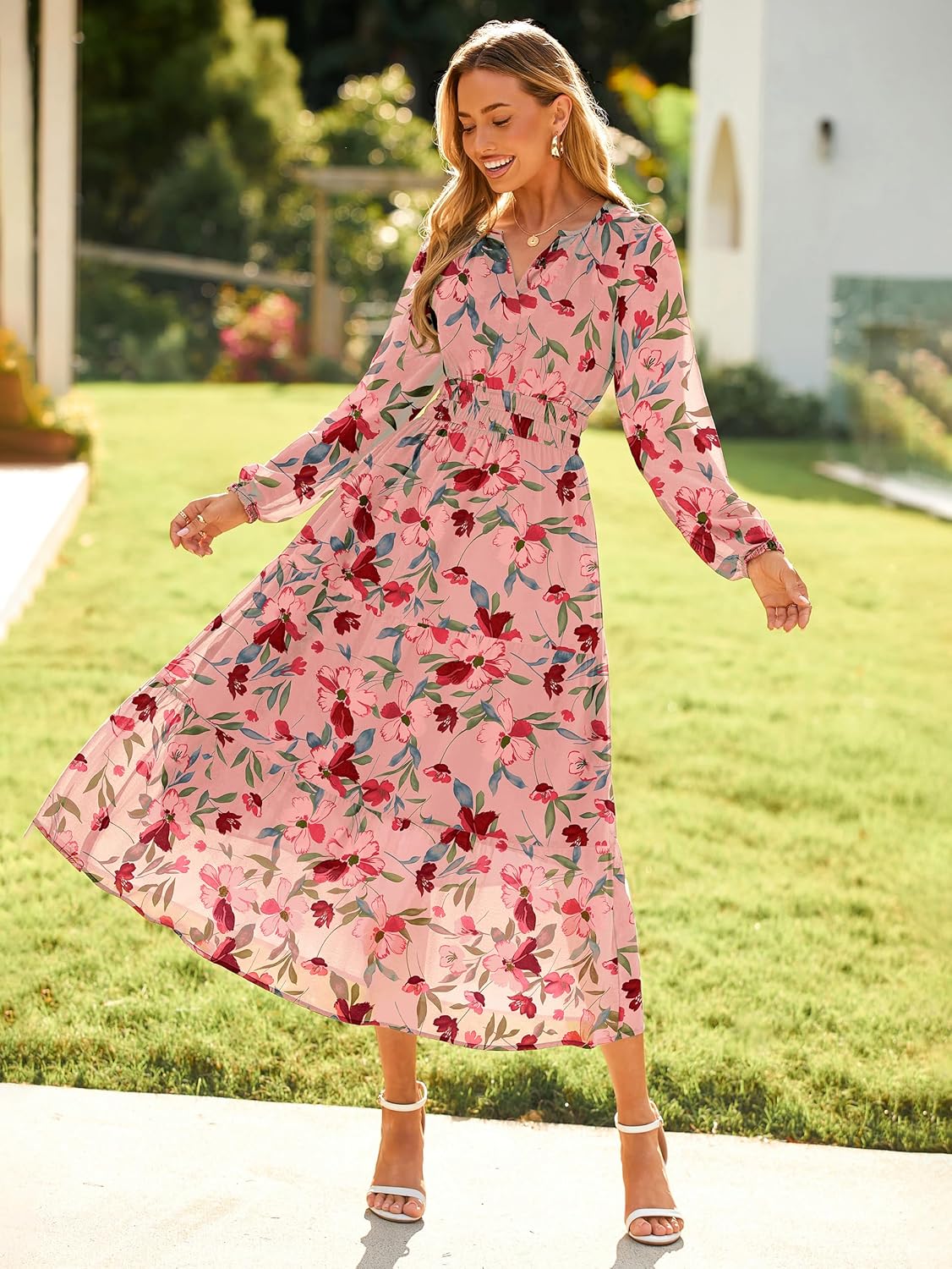 Simplee Women's Floral Boho Long Sleeve Maxi Dress V Neck Empire Waist Swing Flowy Wedding Guest Dress - Image 7