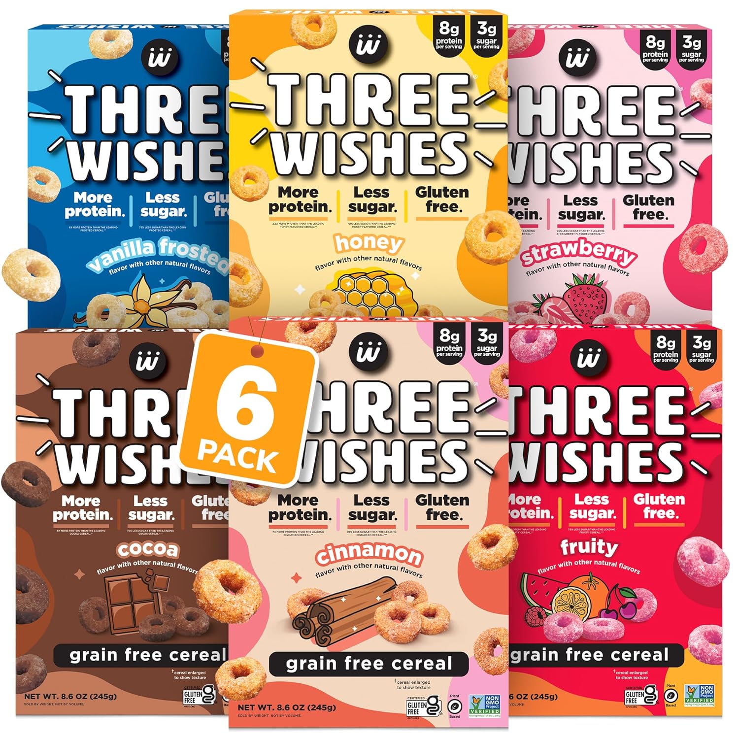 Three Wishes Grain-Free Protein Breakfast Cereal - 8g Protein and 3g Fiber - Healthy, Low Organic Cane Sugar Breakfast Cereal, Gluten Free, Vegan-Friendly, Non-GMO - Variety, 6-Pack