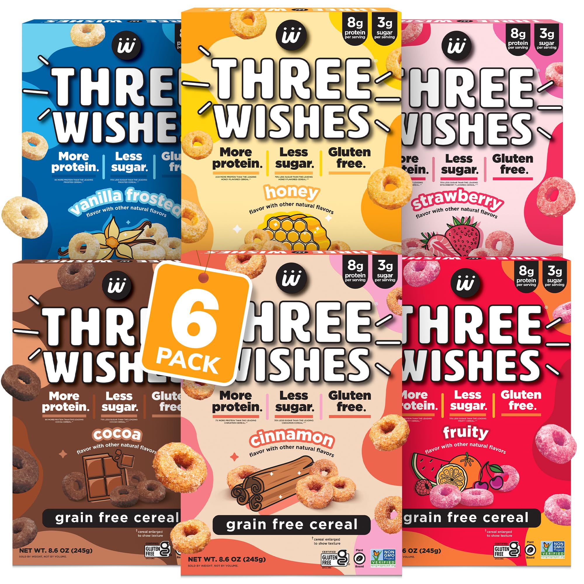 Three WishesGrain-Free & Protein Cereal - Healthy, Low Sugar & Gluten-Free Breakfast Cereal - Low Carb, Plant-Based, Vegan & Non-GMO - Variety 6-Pack