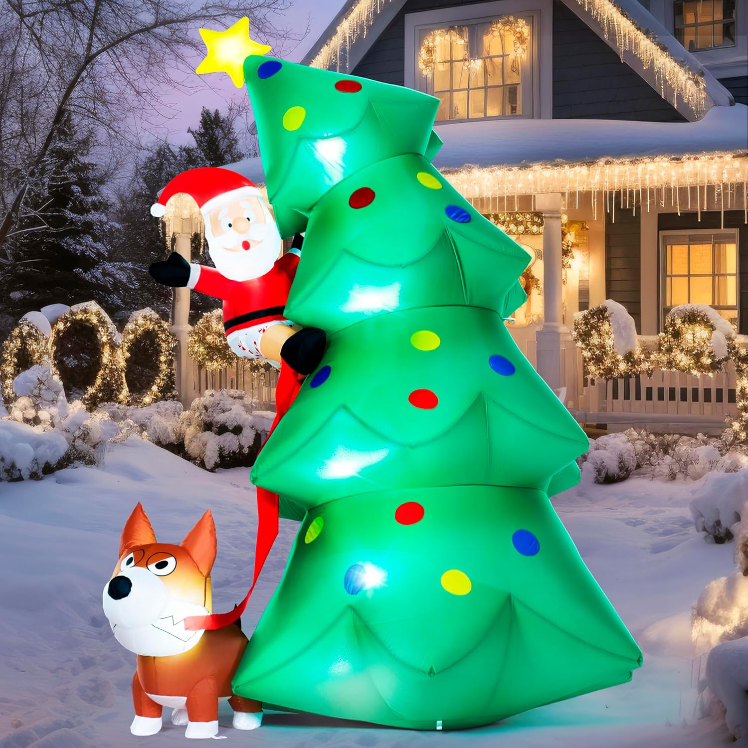 Joiedomi 6 FT Tall Christmas Tree Inflatable with Santa and Dog in a snowy yard