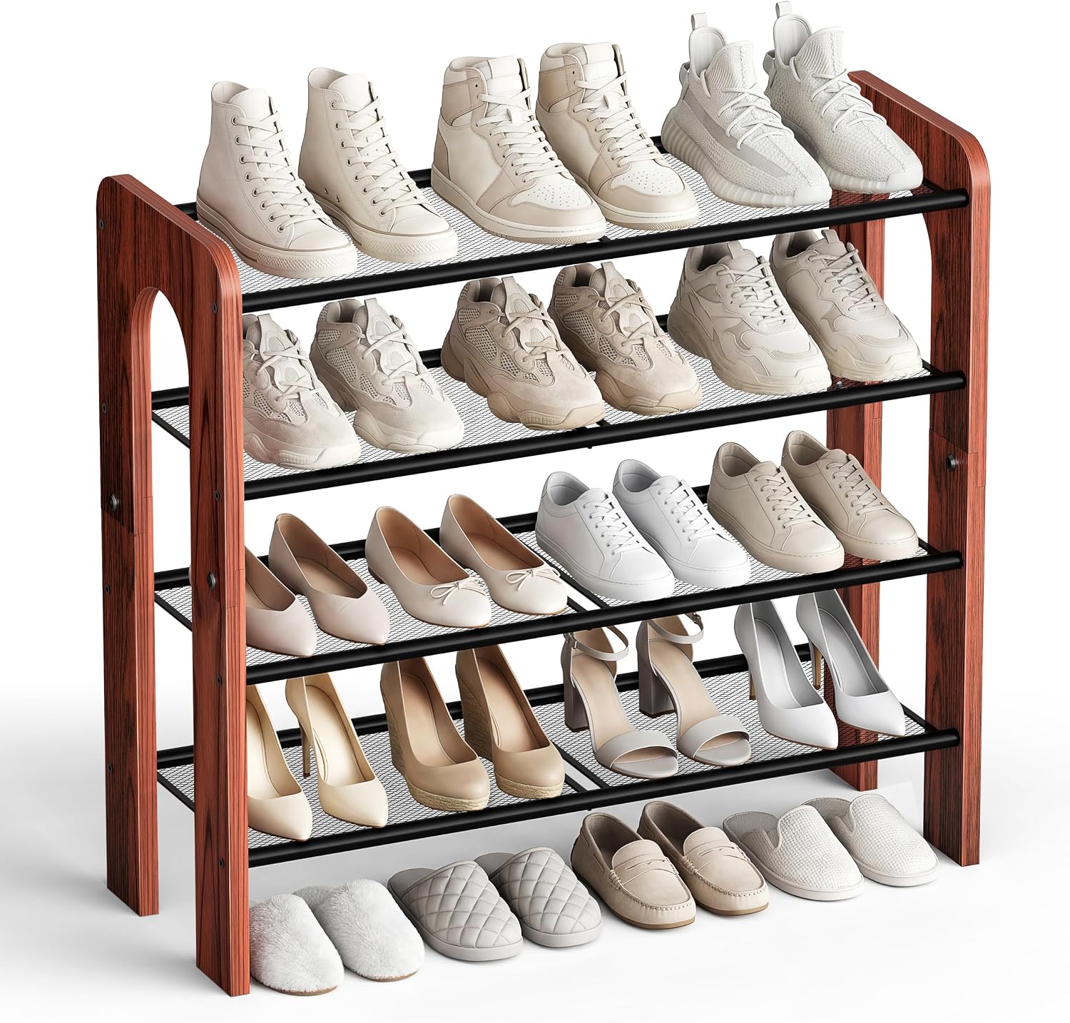 Wooden 4-Tier Shoe Rack, Free Standing Shoe Storage Organizer with Wood Legs and Metal Mesh Shelves, Shoe Shelf for Entryway, Closet, Hallway