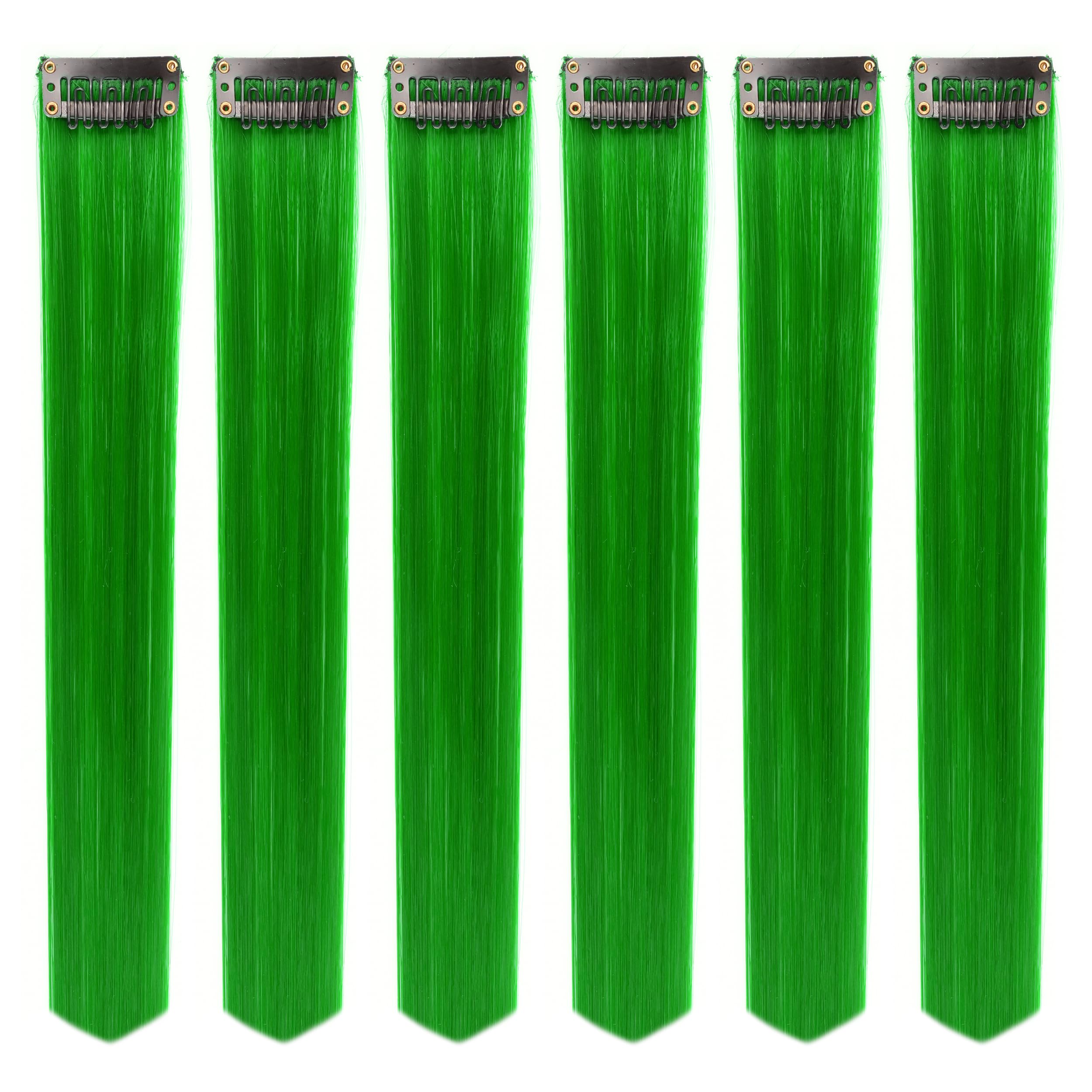 Paradise® Green Hair Extensions 22 inches, Pack of 6 Clip-based Straight Colored Hair Streaks for Women & Girls, Party Funky Synthetic Hair Patches-image-8