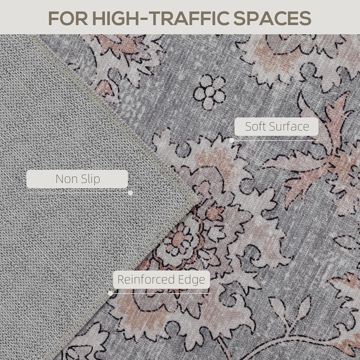 HOMCOM Area Rug 4x6, Machine Washable Rug, Non-Slip Traditional Flower Print Floor Cover Foldable Carpet for Living Room, Bedroom, Dining Room, Grey and Brown