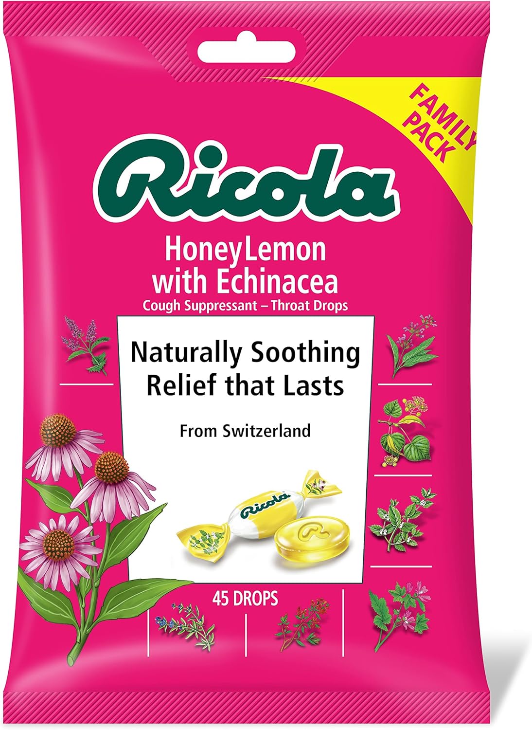 Ricola LemonMint Cough Suppressant Herb Throat Drops, Sugar Free, 45 Drops (Pack of 12), Fights Coughs Naturally, Soothes Throats