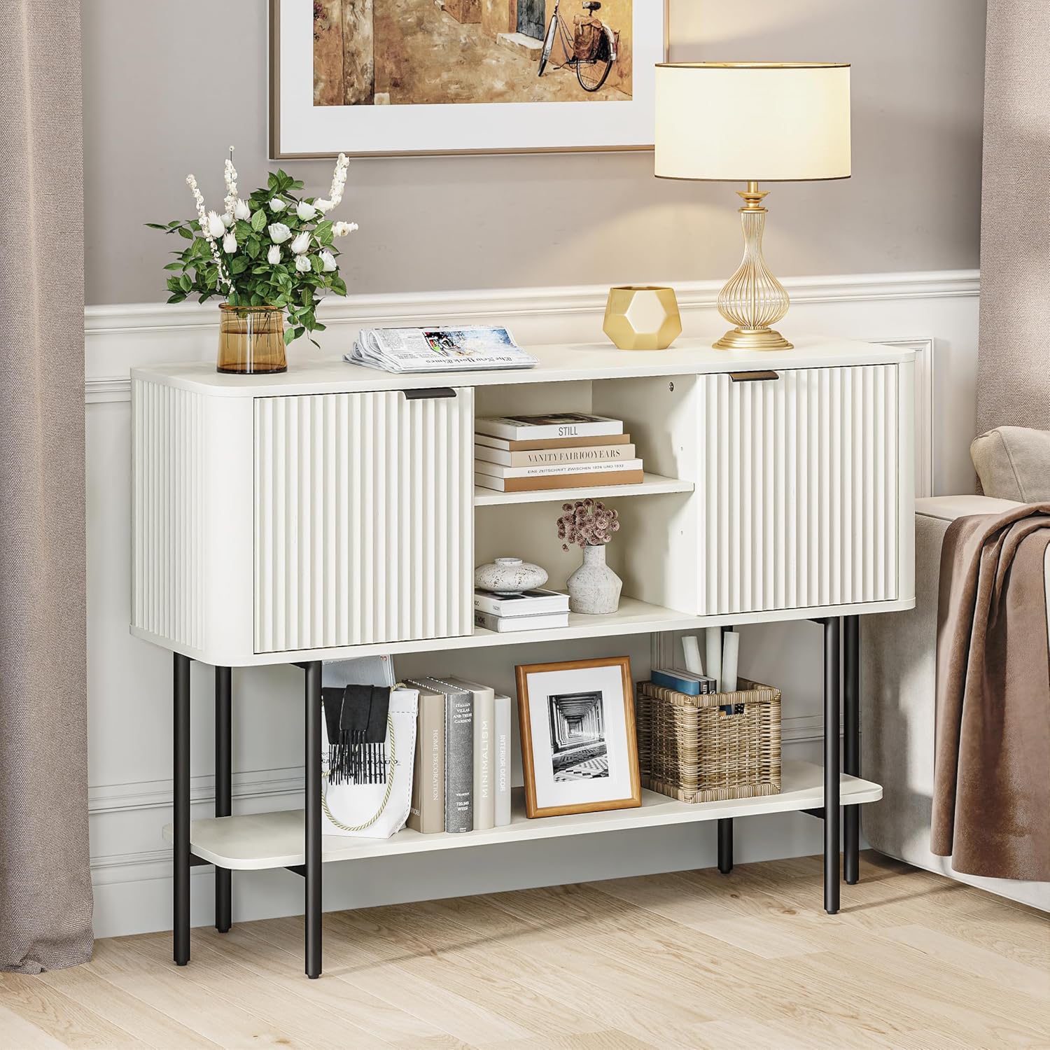 Fluted Console Table with Storage, 47" Long Entryway Table with with 2 Door Cabinets and Open Storage Shelf, Wood Sofa Table Behind Couch for Hallway Entrance Foyer Living Room, White
