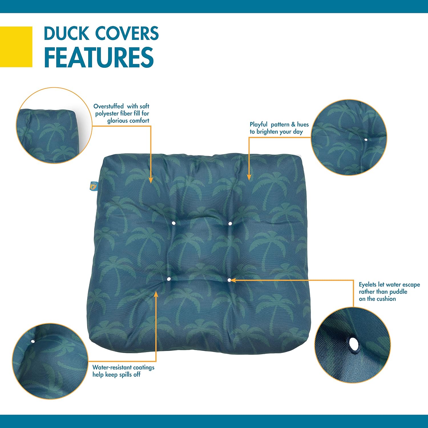 Duck Covers Water-Resistant 19 x 19 x 5 Inch Indoor Outdoor Seat Cushions, Blue Oasis Palm, 2-Pack