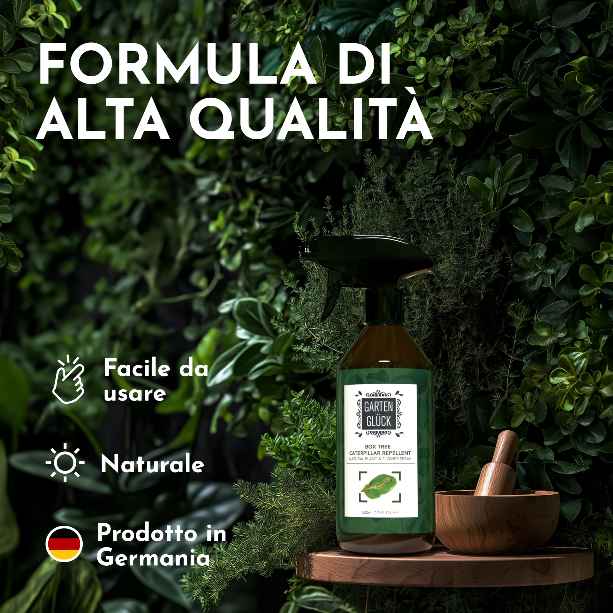 Spray Antiparassitario Piante -500ml- Contro Piralide del Bosso, Bruchi, Larve e Afidi - Protezione Naturale per Bosso, Siepi, Rose e Orto - Con Olio di Timo e Olio di Citronella