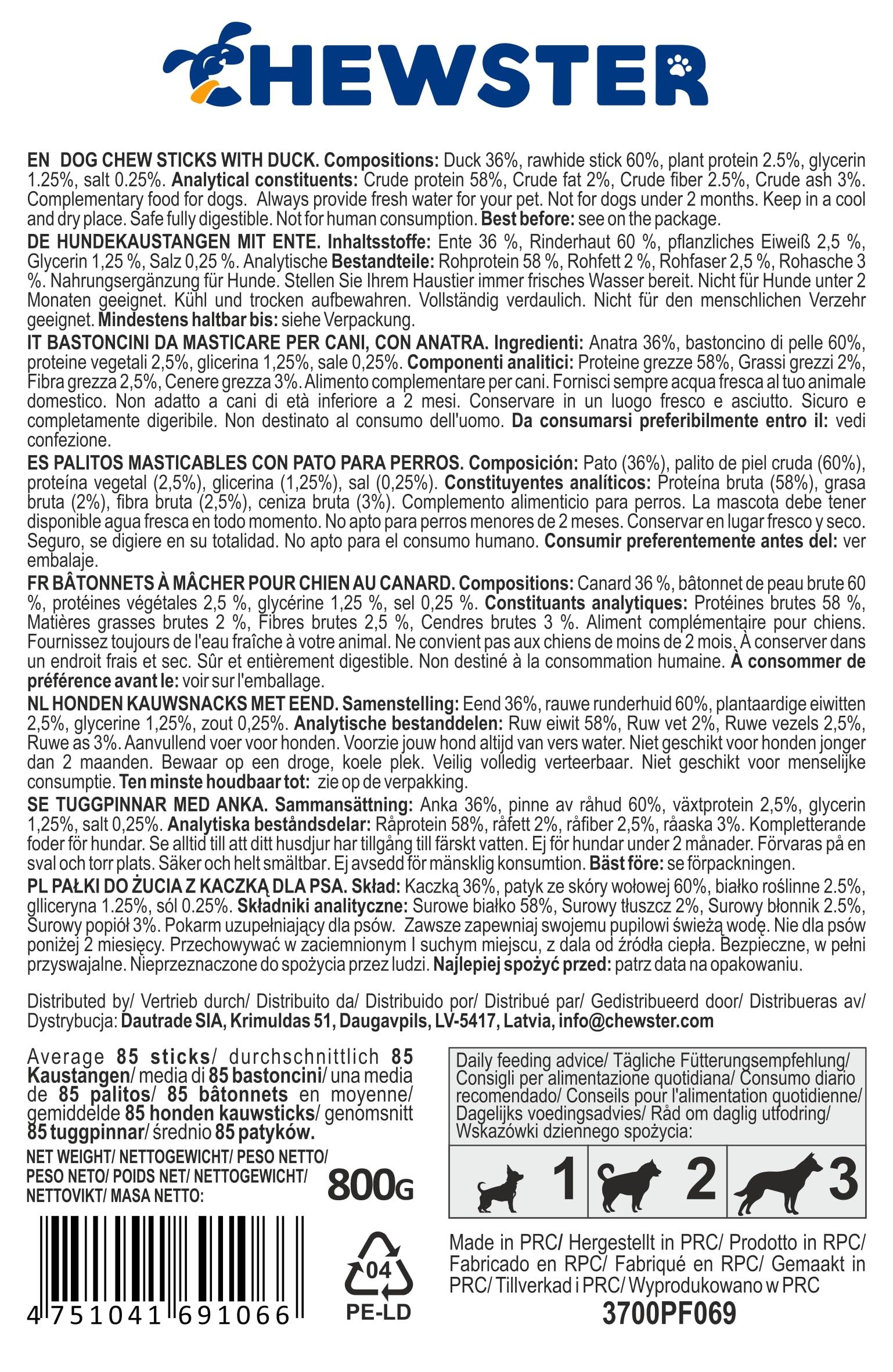 Bastoncini da masticare con Anatra - Snack per cani - Confezione da 85 pz. (800 g)