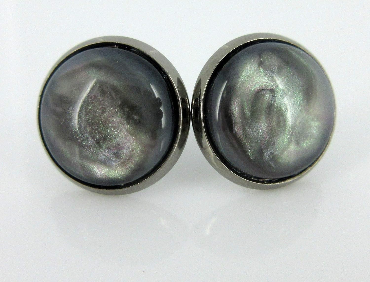 Hematite-tone Faux Stone Resin Stud Earrings 12mm Mystical Gray Pink - Image 5