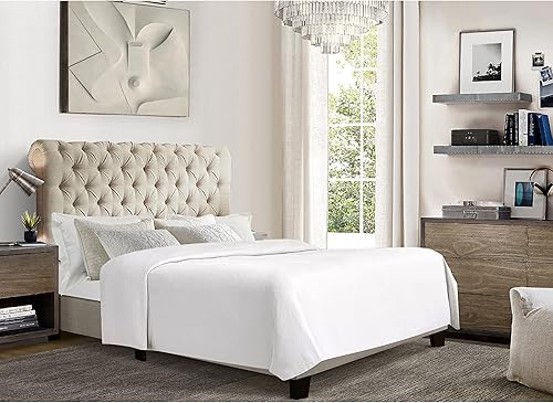Rosevera Jenner - Cama tapizada de lino con botones y cabecera estilo Chesterfield tamaño King color beige natural