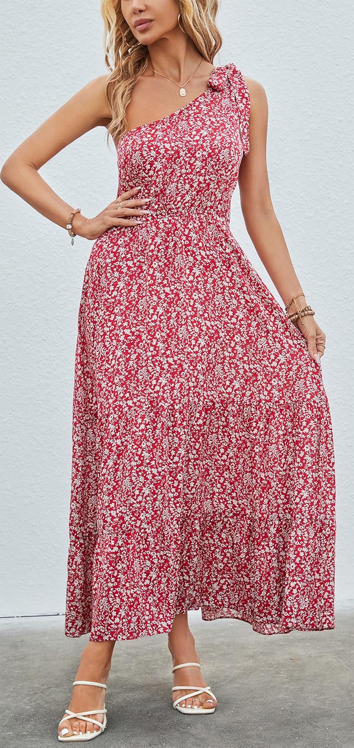 Kormei Women Floral Summer Knot One Shoulder Sleeveless Ruffled Tiered Flowy Boho Beach Maxi Long Dresses - Image 3