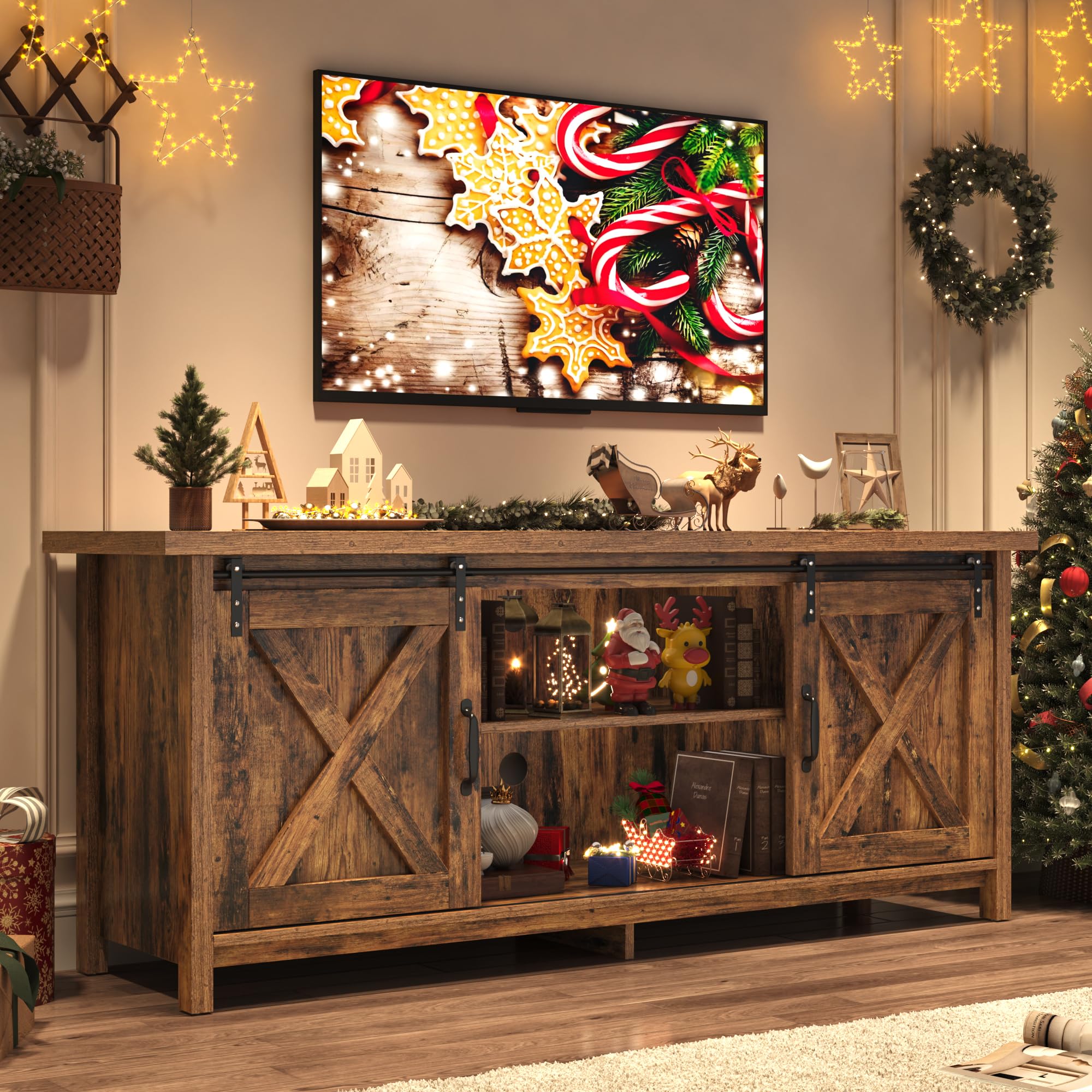 Farmhouse TV Stand for 65 Inch TV with Sliding Barn Door, Rustic Wood Entertainment Center Large Media Console Cabinet Long Television Stands,Console