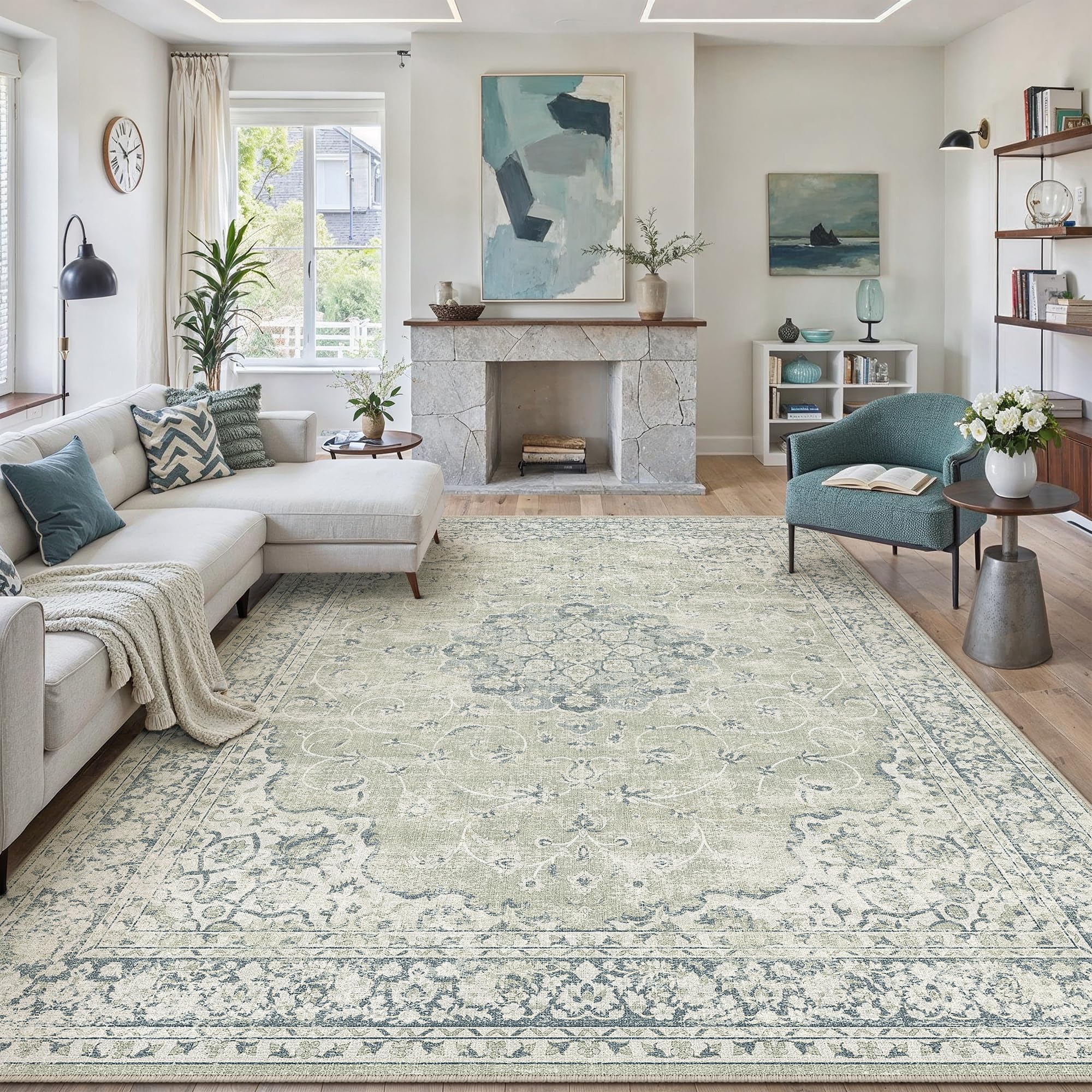 PureCozy Vintage Living Room Area Rug, 200x300cm Machine Washable Non Slip Traditional Large Rugs for Bedroom Dining Room Office, Lightweight Stain Resistant Printed Blue Green Carpet — image 1