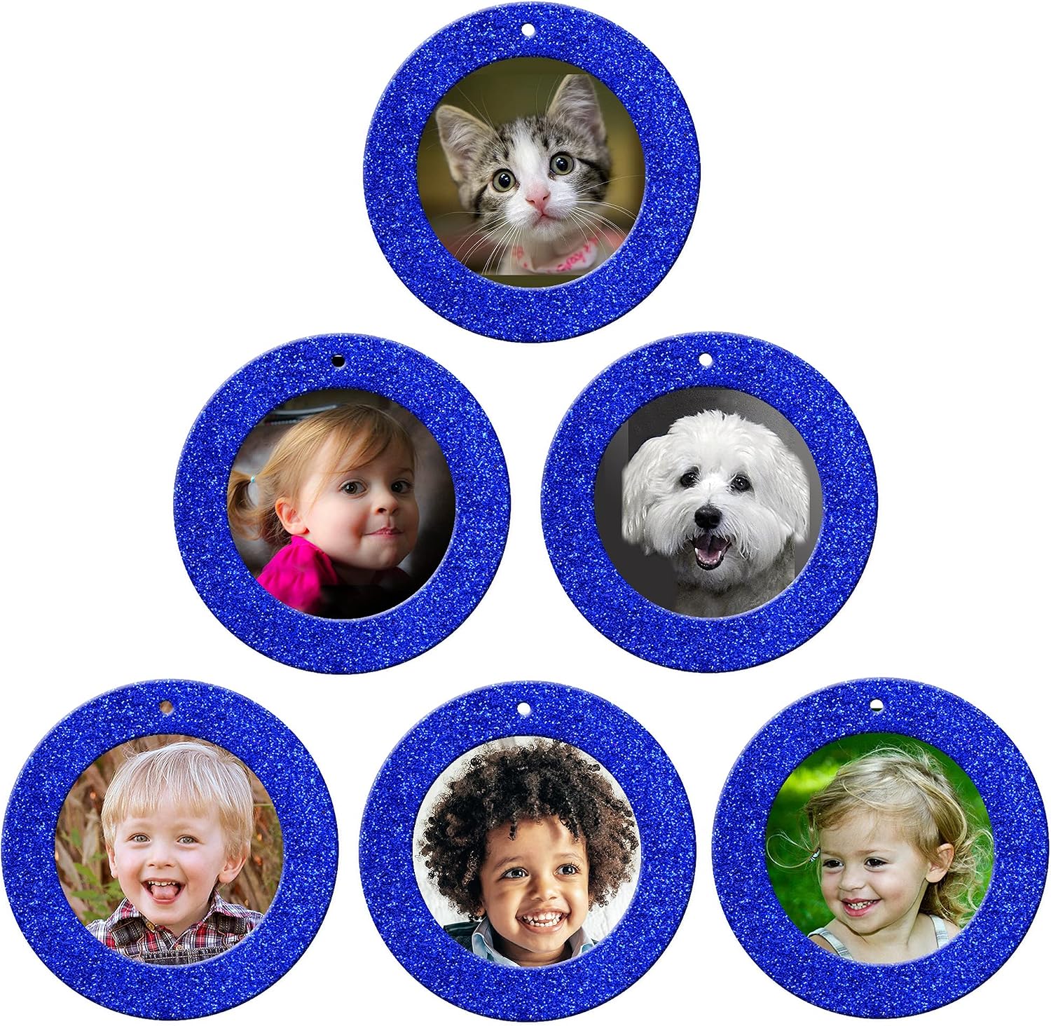 The Original Mini Glitter Photo Christmas Ornaments, Magnetic Easy-Load Picture Frame Ornament, Includes Photo Protectors Plus Hooks for Hanging, Round, Blue 6-Pack
