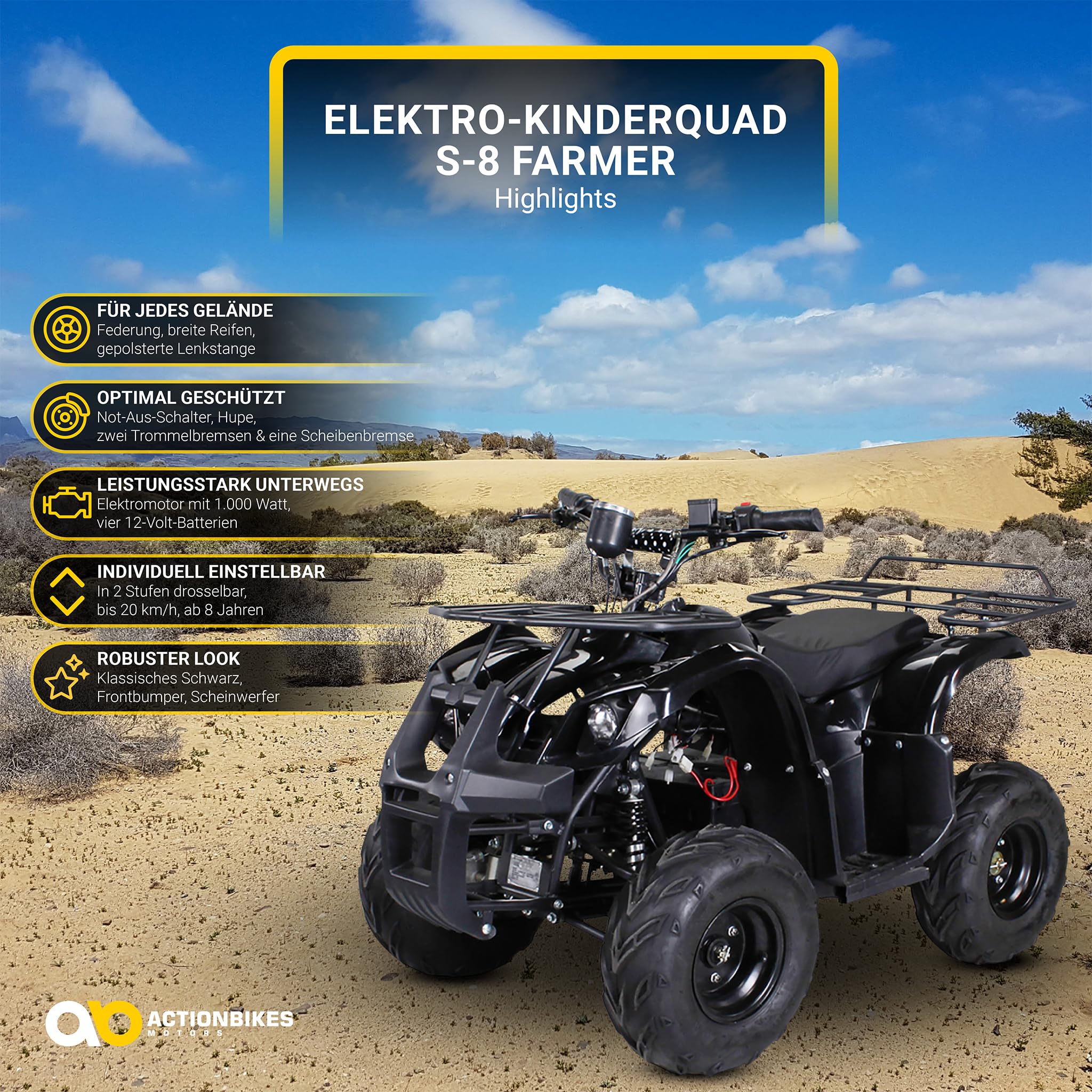 Actionbikes Motors Kinder Quad Elektro ATV S-8 Farmer | 𝟒𝟖 Volt 𝟭𝟬𝟬𝟬 Watt Motor bis 𝟐𝟬 km/h - Kinderquad - Pocket Quad - Scheibenbremsen - Miniquad - Für Kinder ab 8 Jahren (Schwarz)