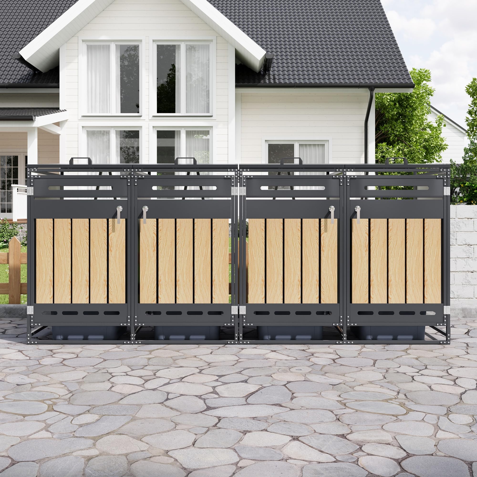 Contenitore per bidoni della spazzatura con coperchio idraulico, rivestimento verticale effetto legno, ventilazione a fori lunghi, armadio da giardino in ferro con serratura (1, grigio-2)