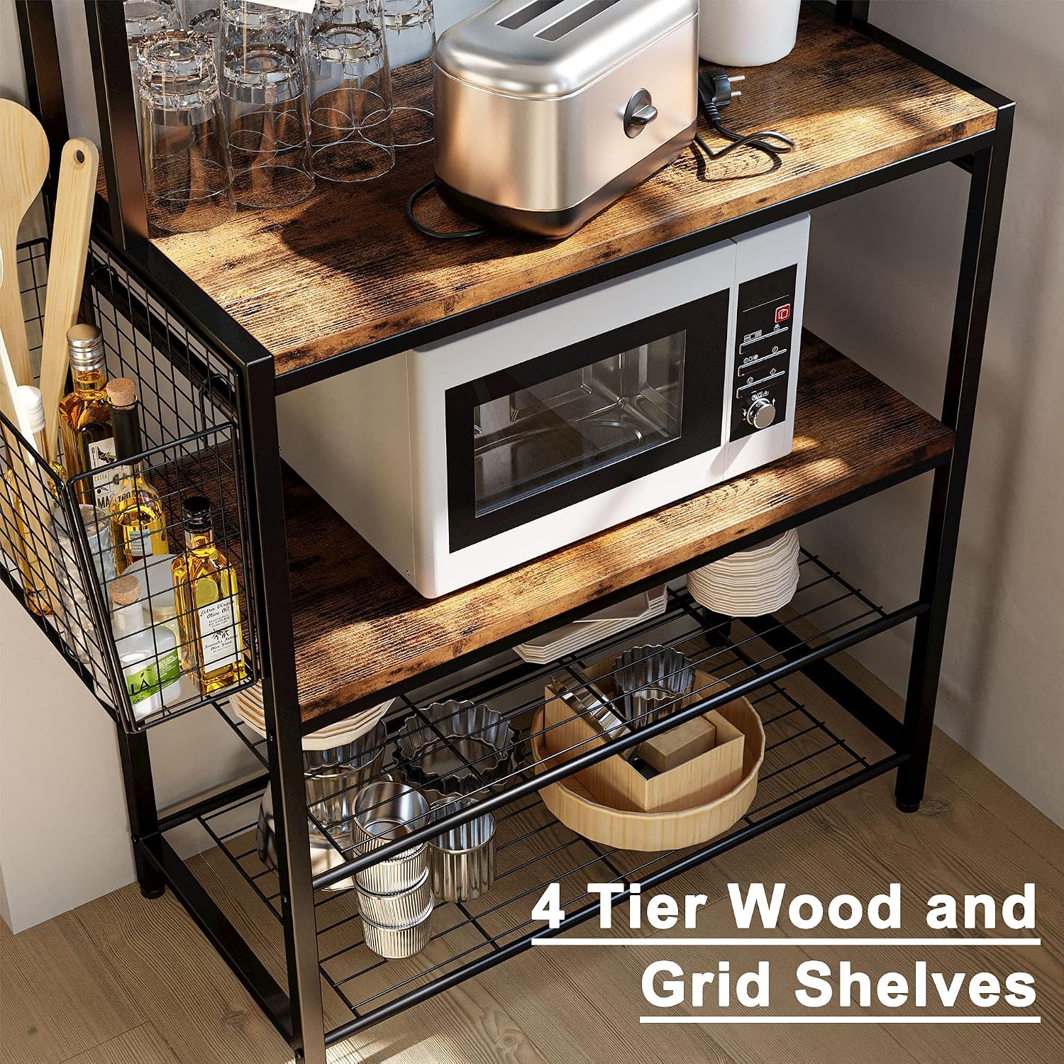 IRONCK Baker's Rack, 5 Tier Kitchen Island with Hooks Microwave Stand with Mesh Panel Storage, Utility Storage Shelf for Kitchen, Vintage Browm and P2 Wood