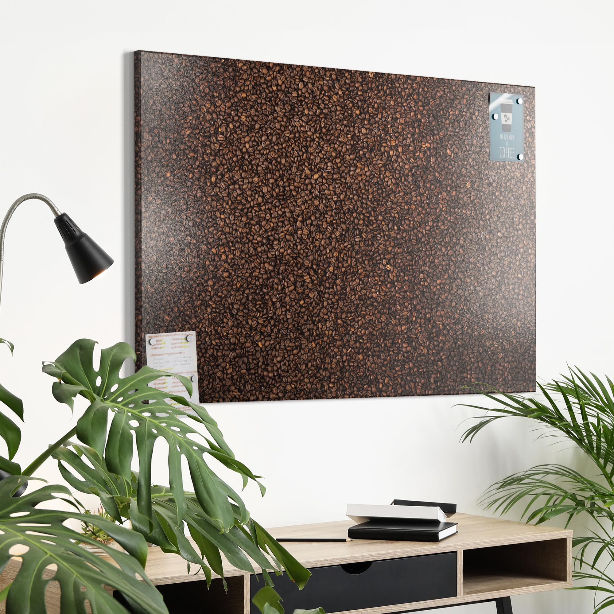 DEQORI Metalowa tablica magnetyczna | wymiary 90 x 60 cm | motyw "Kawa ziarnista morza" | tablica suchościeralna na wszystkie magnesy | tablica magnetyczna do kuchni i biura | designerska tablica