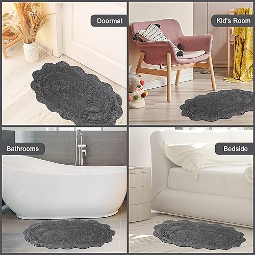 Miniatura 7 de Chardin home Griffin - Alfombra de baño ovalada de ganchillo gris, 100 % algodón con borde de ganchillo hecho a mano, 21 x 34 pulgadas, alfombra