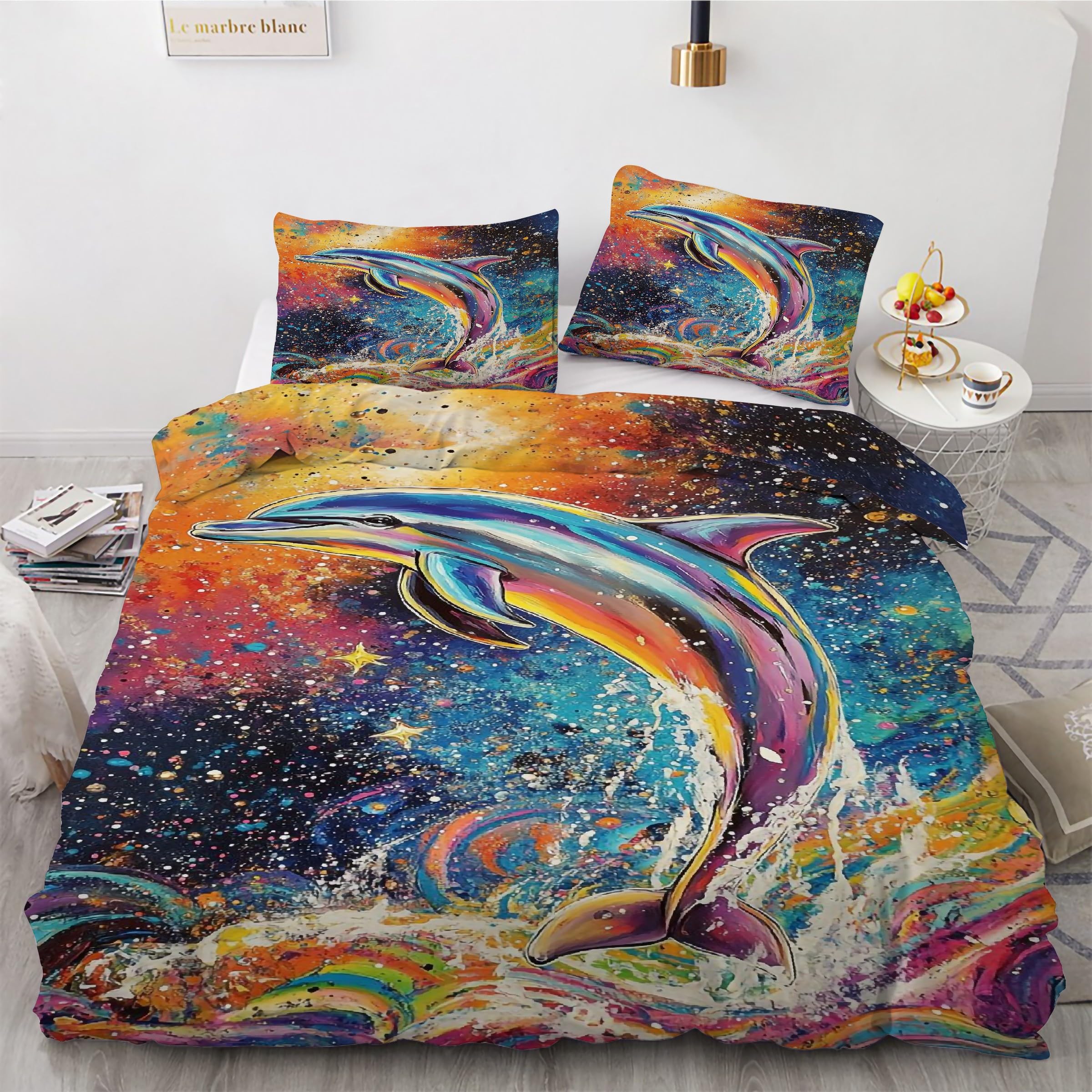 Housse de couette 240x260 dauphin en microfibre reversible avec 2 taies d'oreiller