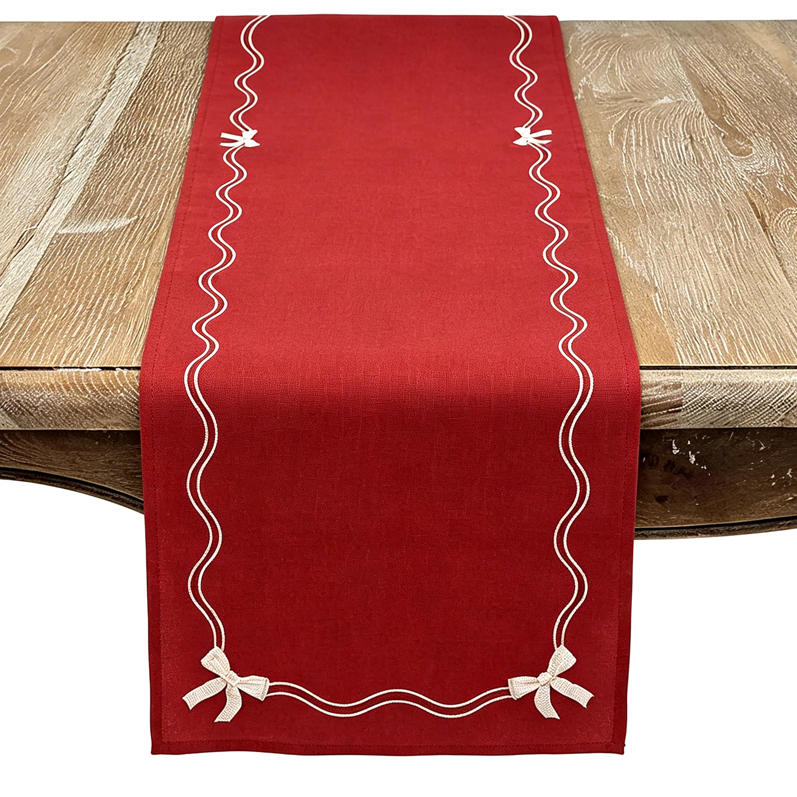 SARO LIFESTYLE Holiday Ribbon Border Table Runner - Christmas Table Runner with Embroidered Bow Accents and Decorative Wave Trim for Festive Dining Tables and Seasonal Entertaining, 16"x68", Red