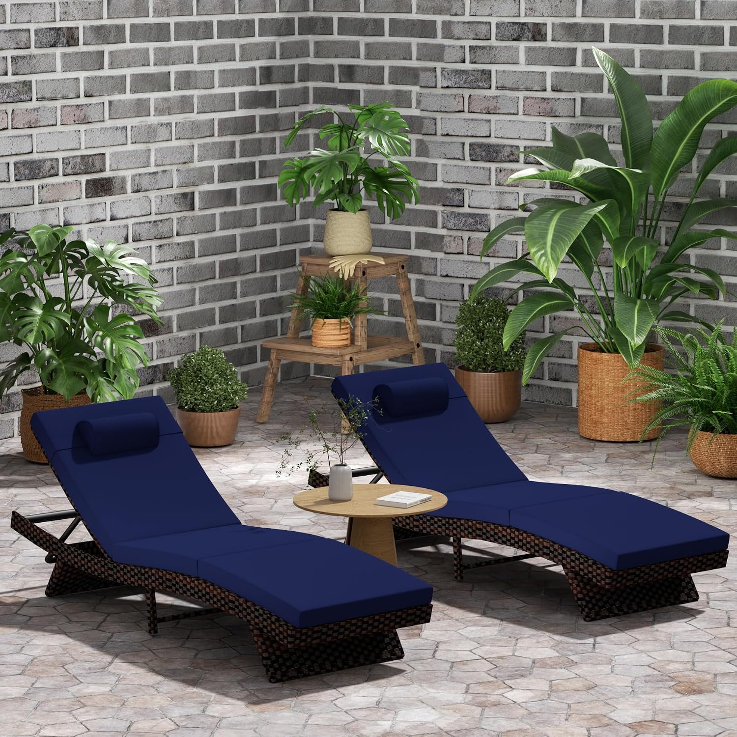 Outdoor Lounge Chairs Set of 2,Wicker Chaise Lounge Chair Pool Chaise Lounge,Patio Lounge Chair with Adjustable Backrest Arm Cushion for Poolside