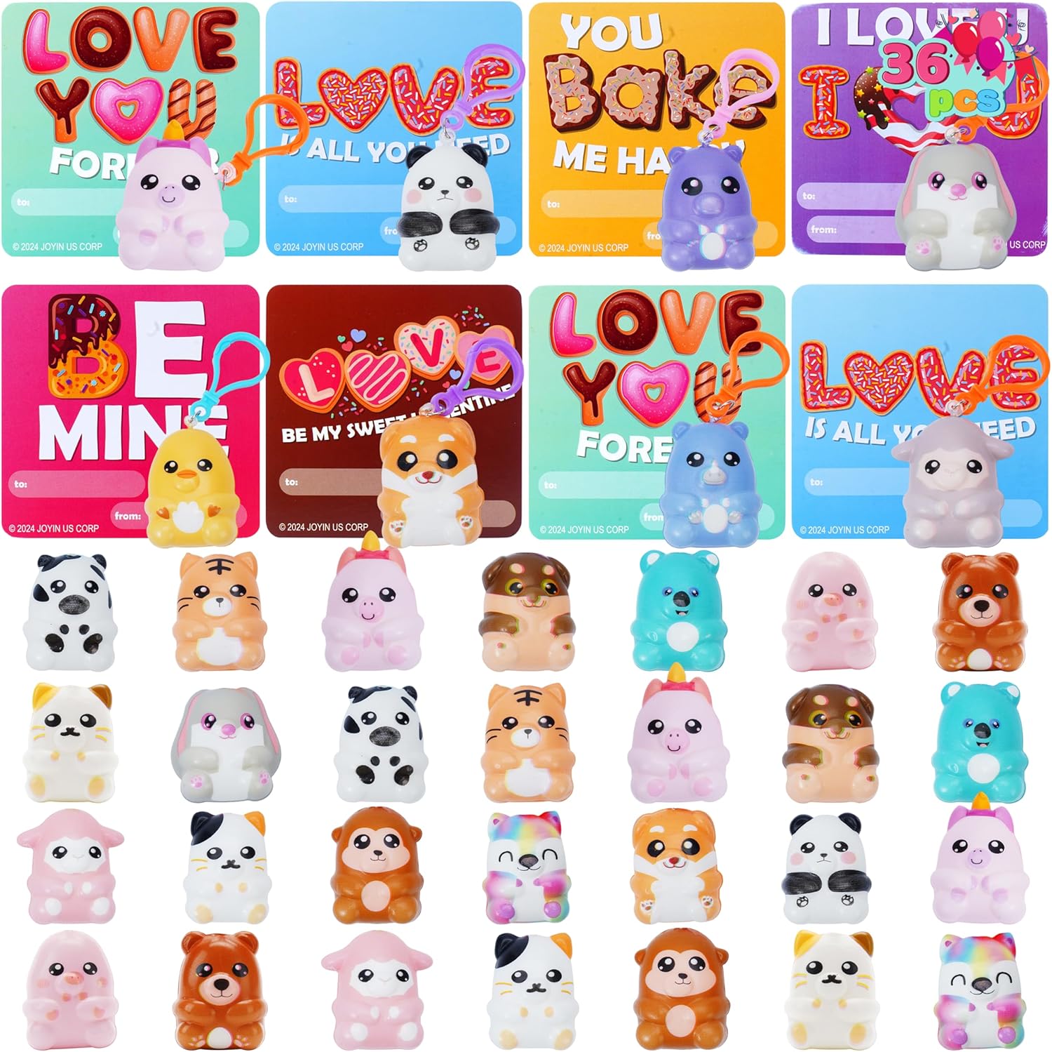JOYIN 36 pcs Valentine Cute Animal Squishy Toys Keychains with Valentine’s Greeting Cards, Stress Relief Animal Slow-rising Squeeze Foam Animal for Classroom Exchange Prizes, Party Favors Gifts