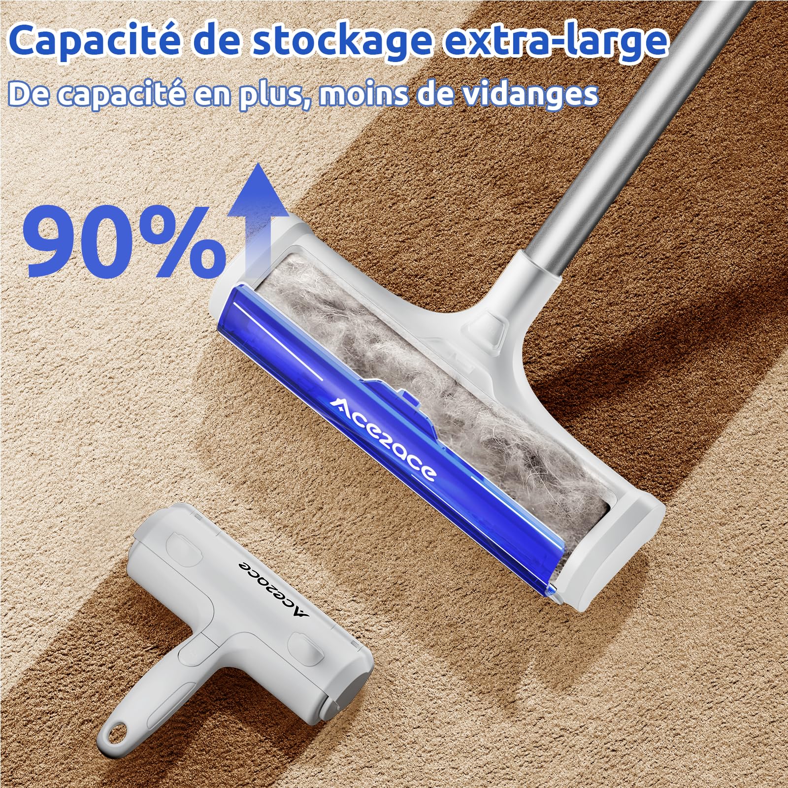 ACE2ACE Brosse Tapis Poils Animaux, Tapis Brosse pour Poils Chiens et Chats, Rouleau Anti Poils pour Tapis, Brosse Réutilisable avec Manche Long Réglable 1,5 m, pour Tapis, Carpettes, Nattes, Bleu