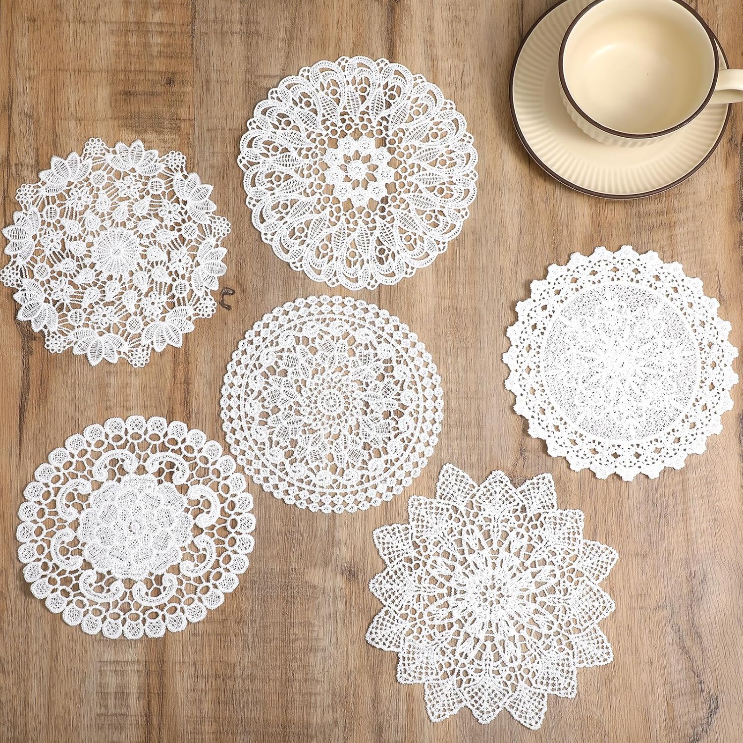 Nogeqi 6pcs White Lace Crochet Doilies for Tables - Vintage Placemats Coasters, 6 Inch Tea Party Wedding Decor (6 Styles)
