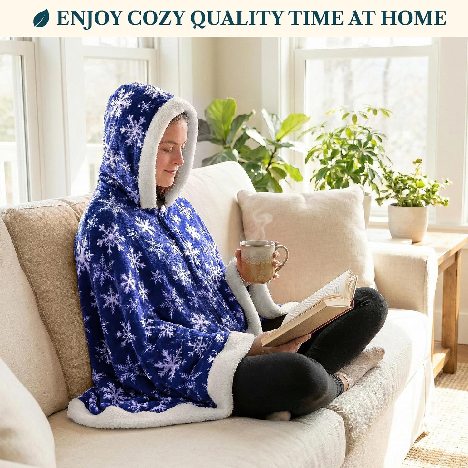 PAVILIA Wearable Blanket for Adult Women, Cozy Plush Fleece Blanket Poncho Cape with Hood, Super Soft Shawl, Angel Wrap Throw for Office, Snowflake Blue - Image 5
