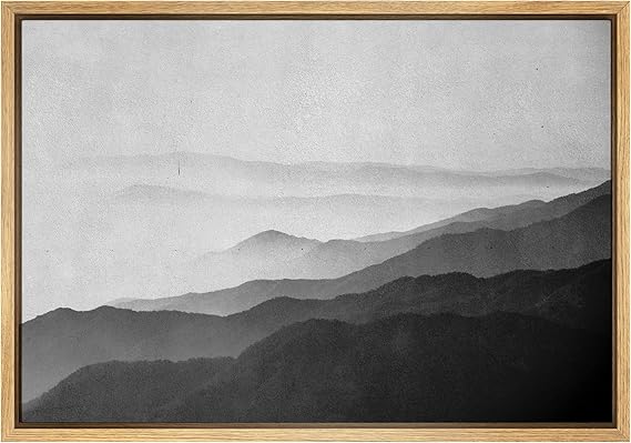SIGNWIN Framed Canvas Print Wall Art Black Gray Watercolor Foggy Mountains Abstract Nature Illustrations Modern Art Decorative Elements Duotone for Living Room, Bedroom, Office - 16"x24" Natural