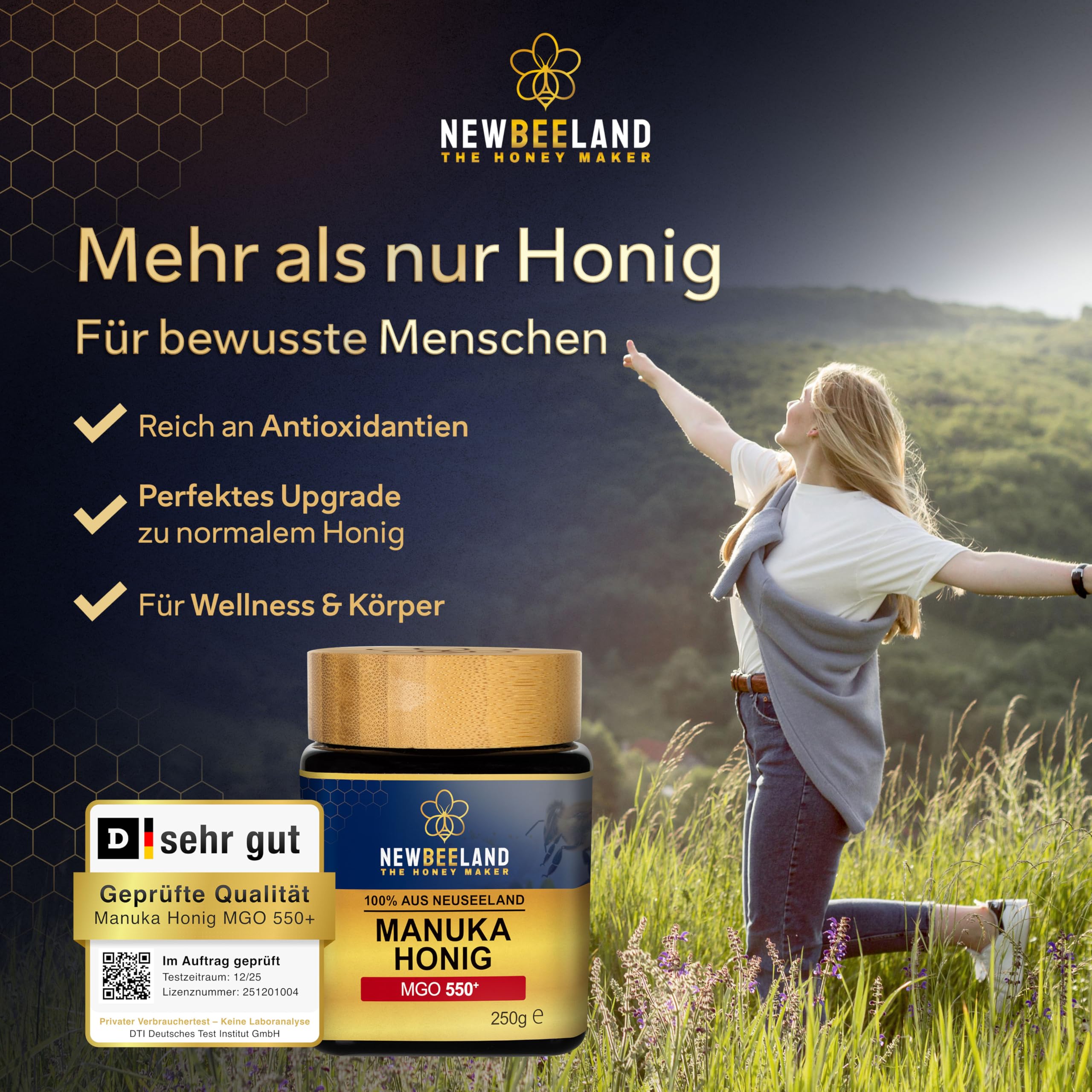 NEWBEELAND Manuka Honig MGO 550+ Direktimport aus Neuseeland 250 Gramm | chargengeprüfter Methylglyoxal-Gehalt (MGO), Cremig-zähflüssige Textur, herber & kräftiger Geschmack, lichtgeschütztes Glas
