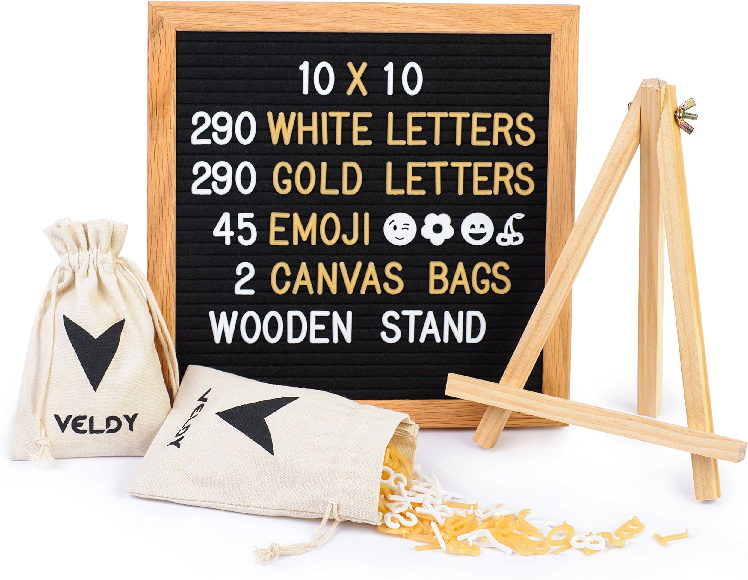 Felt Board - Letter Board for Changeable Messages- Oak Frame- 10x10 Black- 625 White and Gold Plastic Letters/Numbers and Emojis/2 Storage Bags +Stand and Wall Mount for Home and Office Decoration