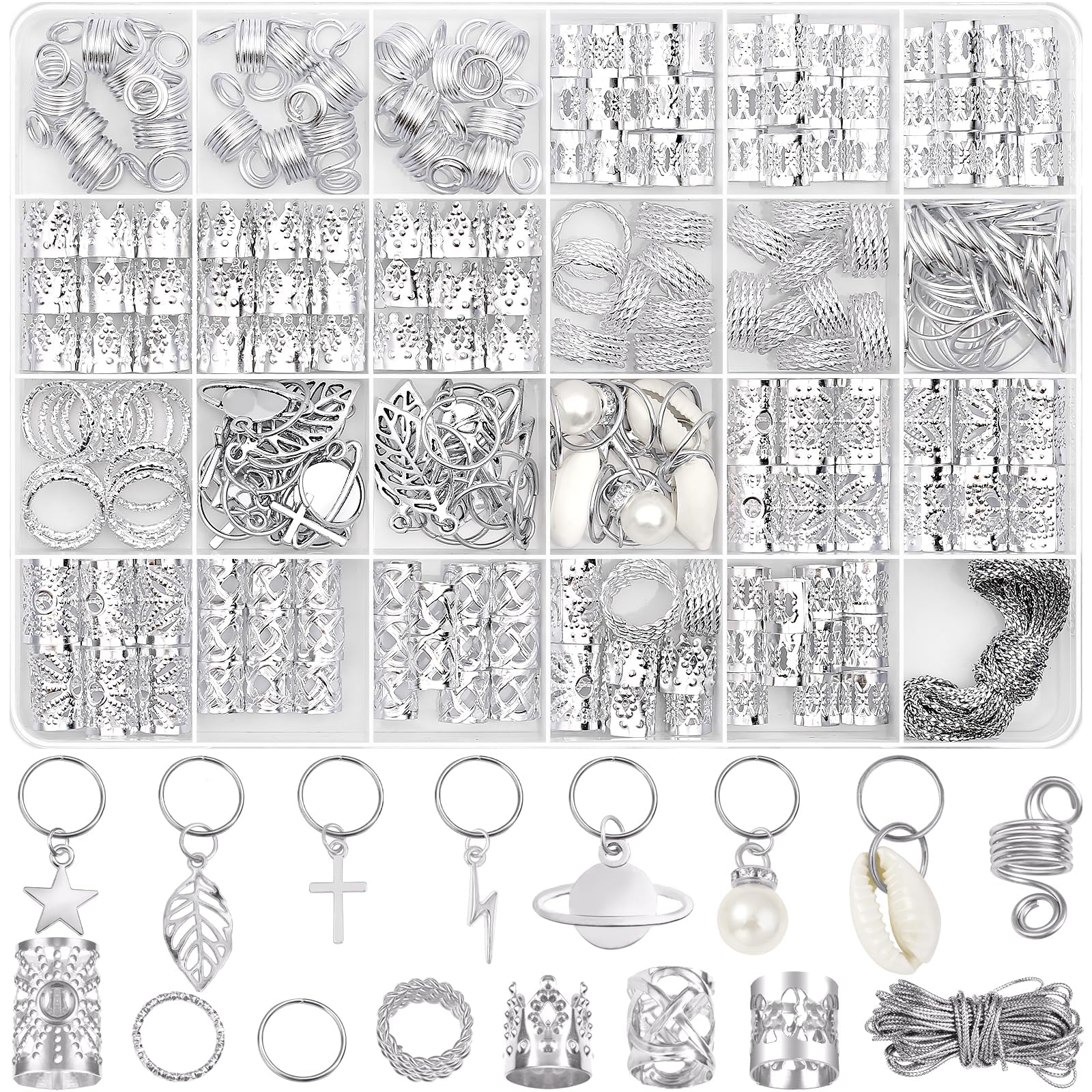 Lucomb Lot de 259 bijoux et accessoires de cheveux – Bijoux en argent, manchettes, clips, breloques, bagues pour tresses, dreadlocks et décoration de cheveux pour femme