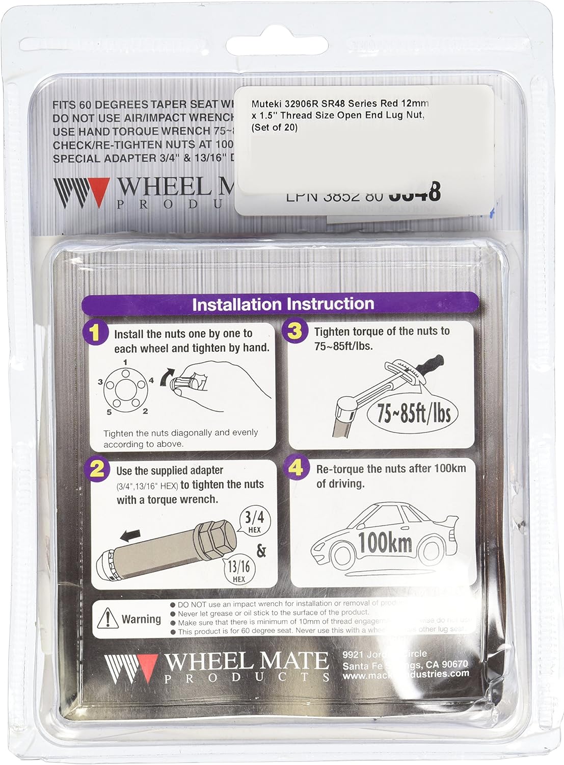 Muteki 32906R SR48 Series Red 12mm x 1.5" Thread Size Open End Lug Nut, (Set of 20)