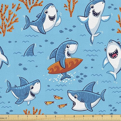 Vista 830 de Ambesonne Tela beige de The Yard, ilustración contemporánea de animales marinos en estilo retro, arte de caballito de mar de cangrejo de pulpo, tela
