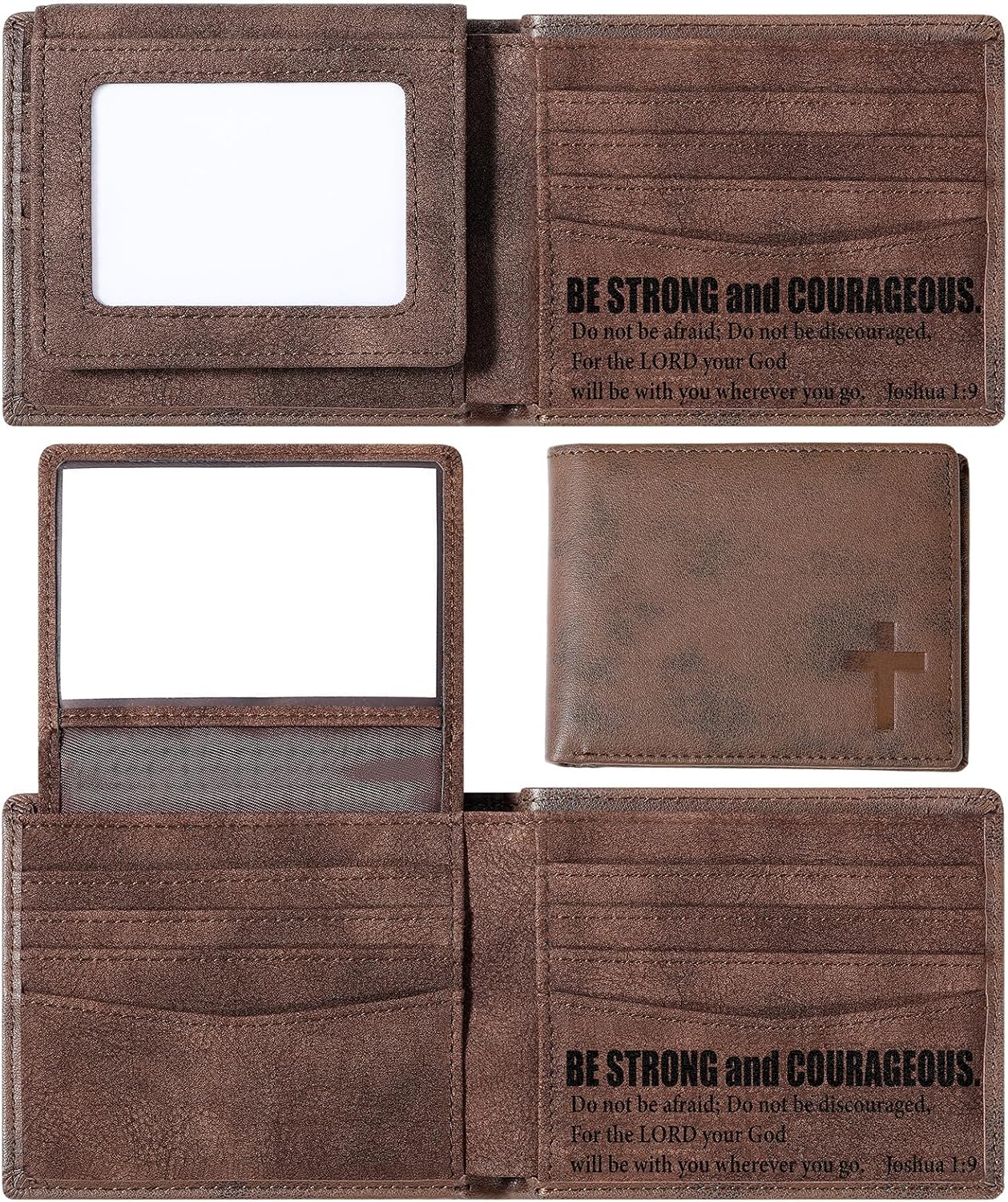 Sadnyy Christian Gifts Leather Wallet for Men Genuine Leather RFID Blocking Bifold Bible Verse Engraved Brown Faith Religious Gifts for Husband Dad BF Grandpa Birthday Christmas Gift (JOSHUA 1: 9) - Image 1 of 7