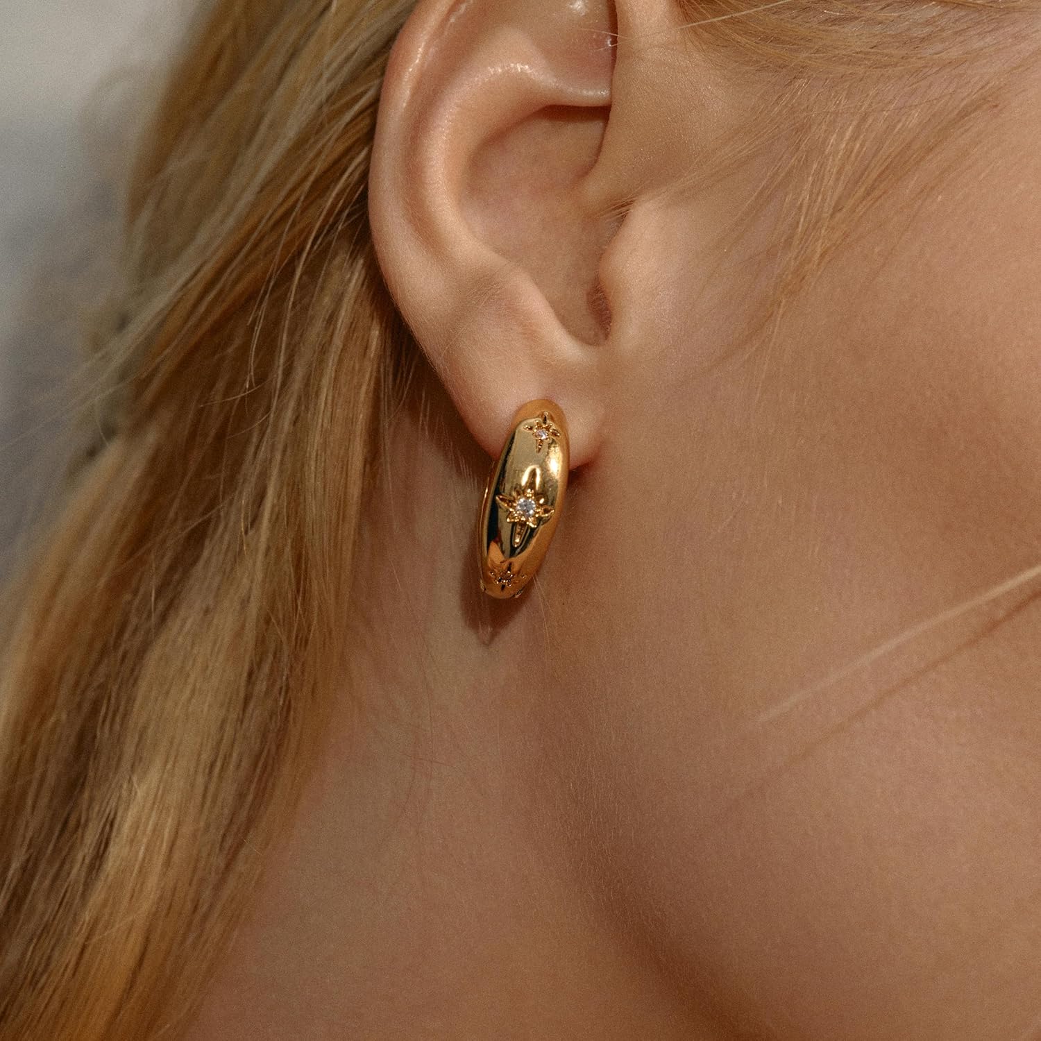 Chunky Gold Hoop Earrings for Women, 18K Gold Plated CZ Star Hoops Huggie Earrings Sterling Silver Post Statement Earrings Jewelry Thick Lightweight Trendy Hoop Earrings for Women Gifts - Image 4