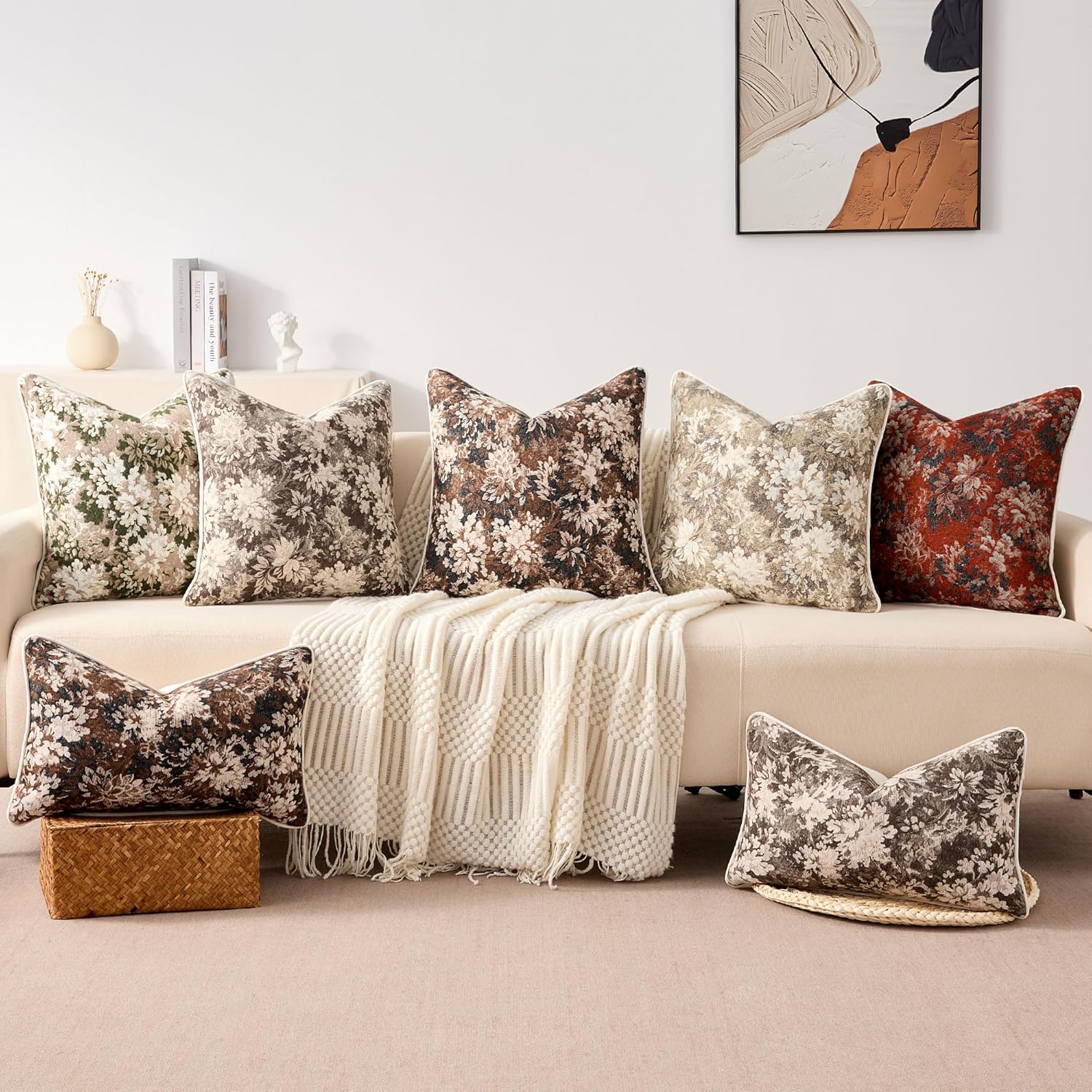Allorry Vintage Brown Floral Throw Pillow Covers 12x20 Set of 2 Soft Chenille Boho Decorative Square Cushion Covers for Neutral Modern Farmhouse Sofa Bedroom Living Room Decor SY016-A12