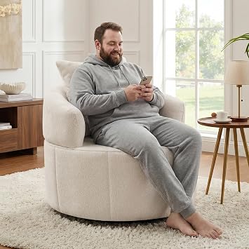 VANOMi 360 Swivel Barrel Chair, 35" Oversized Round Accent Chair,White | Comfy Upholstered Modern Accent Armchair, Single Sofa Armchair with Pillows for Living Room Bedroom,Chenille